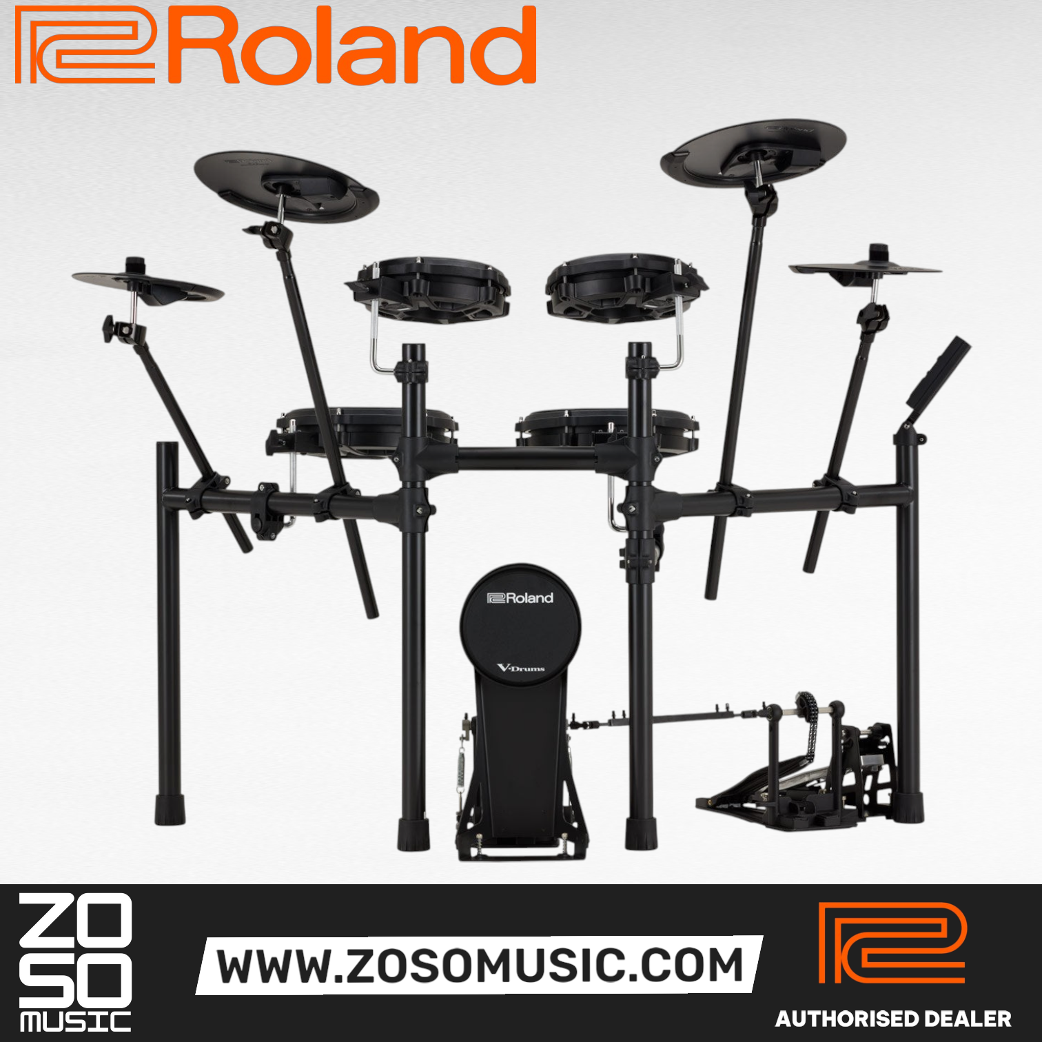Zoso Music Roland V-Drums TD-07KV2 electronic drum set with black mesh pads, cymbals, and rack stand