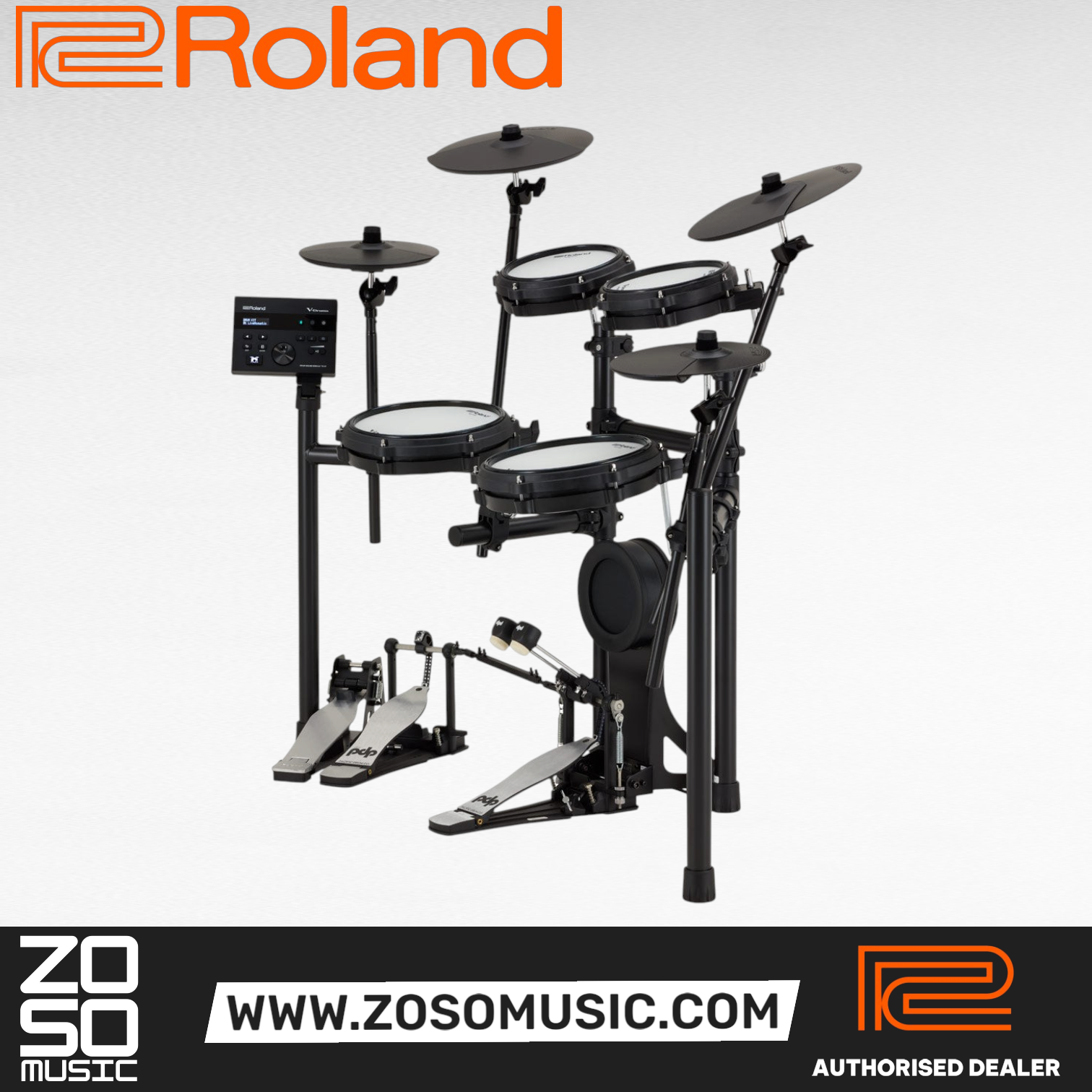 Zoso Music Roland V-Drums TD-07KV2 electronic drum set with mesh pads, cymbals, and TD-07 module in black finish.