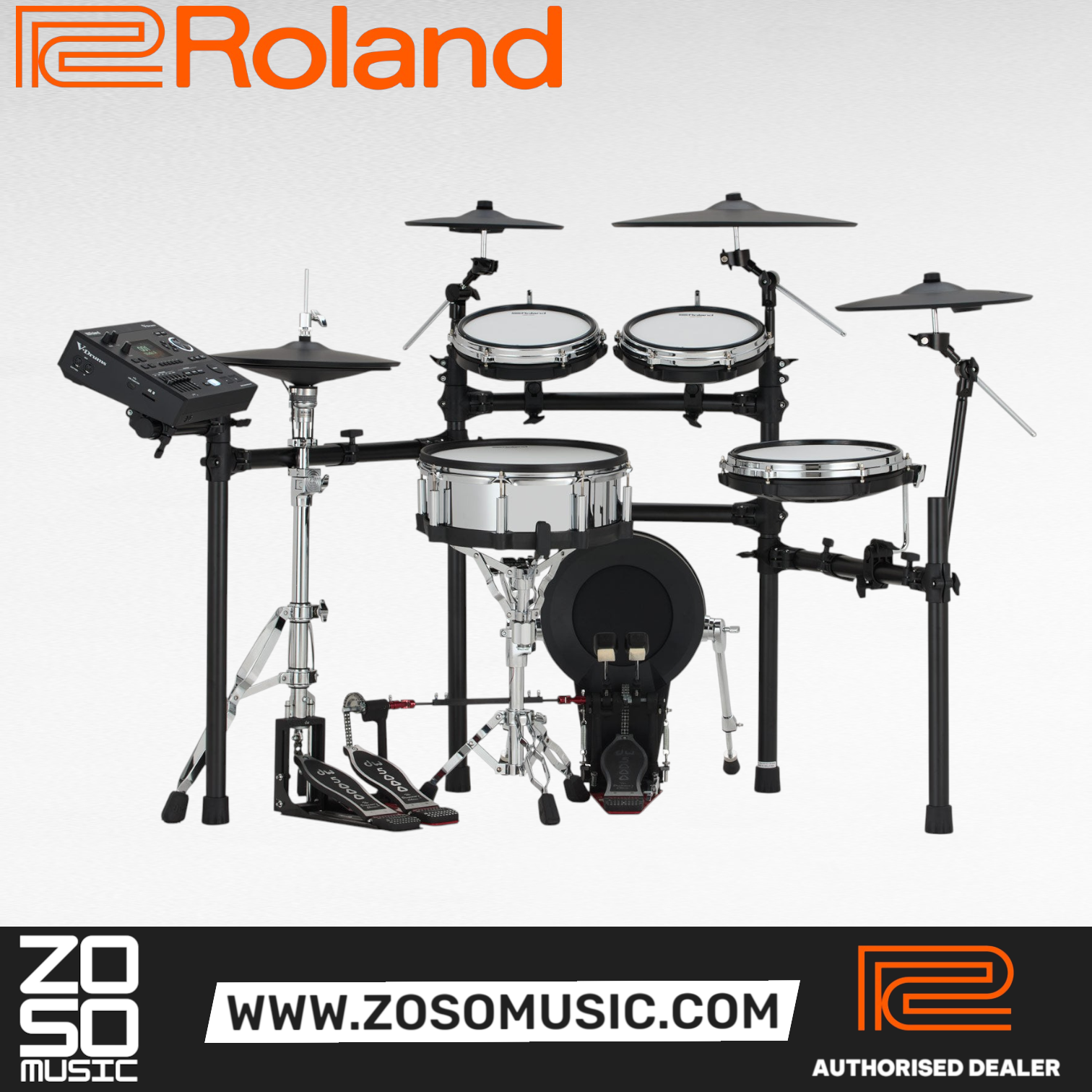 Zoso Music Roland V-Drums TD516 electronic drum kit with V51 module, digital pads, and MDS-Standard3 rack.