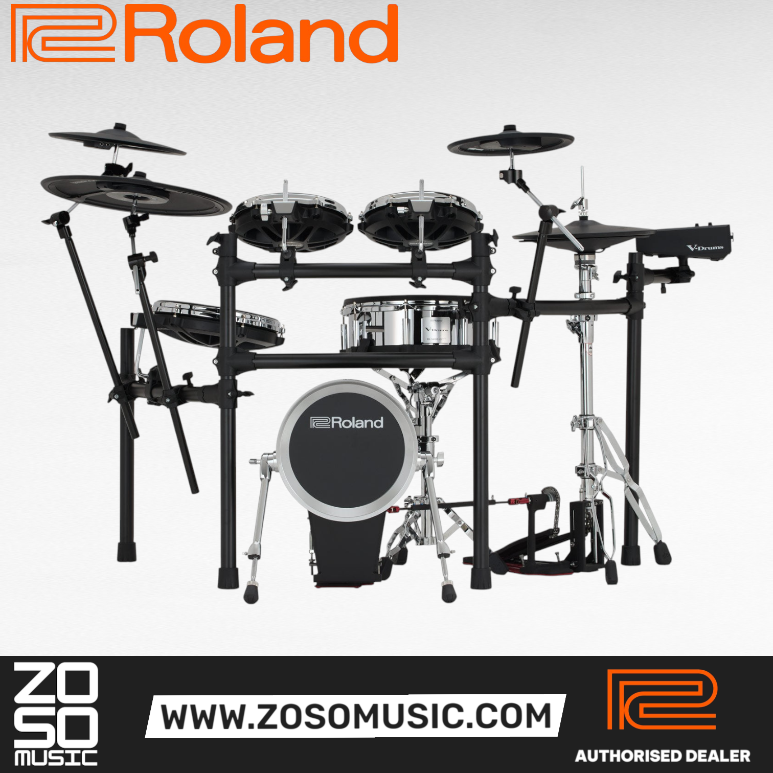Zoso Music Roland V-Drums TD516 electronic drum kit with digital pads, mesh heads, and V51 module on a black rack.