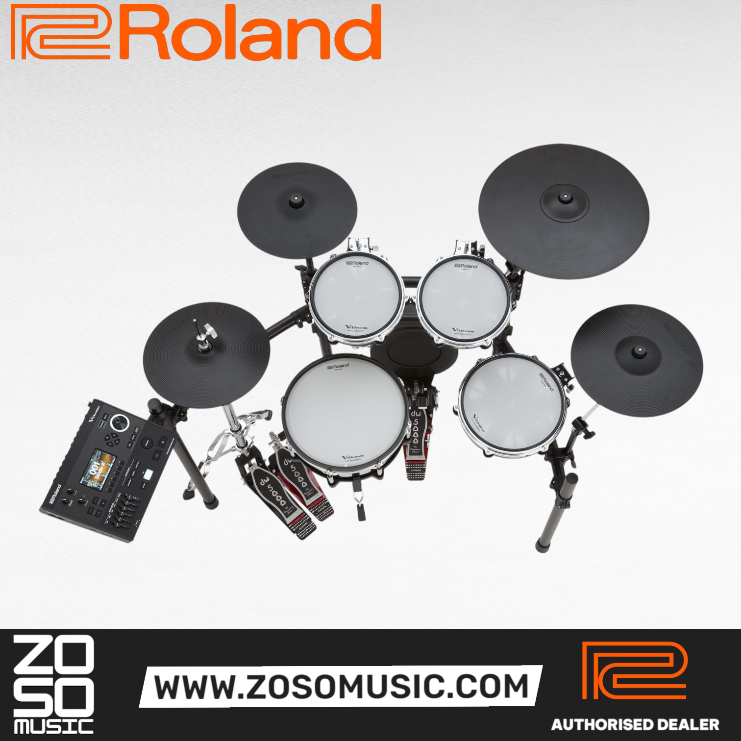 Zoso Music Roland V-Drums TD516 electronic drum kit with V51 module, mesh pads, and digital cymbals, top-down view.
