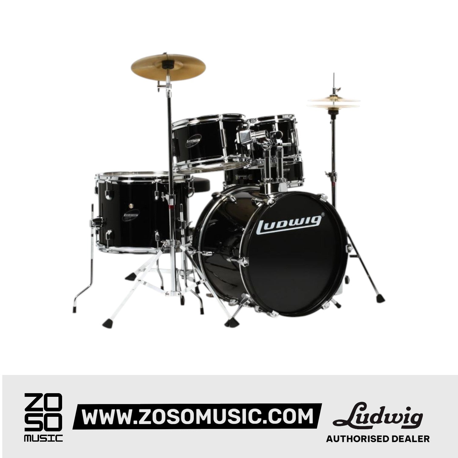 LUDWIG LJR1061DIR 5-PIECE JUNIOR DRUM KIT W/ HARDWARE+THRONE+CYMBAL, BLACK, LUDWIG, ACOUSTIC DRUM, ludwig-accent-lc175-5-piece-acoustic-drum-set-with-full-set-hardware-pack-w-o-cymbals, ZOSO MUSIC SDN BHD