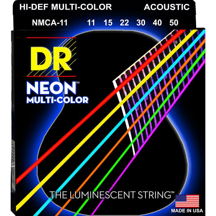 DR Strings NMCA-11 NEON Multi-Colour Coated Phosphor Bronze Acoustic Guitar Strings | Custom Light (011 - 050)