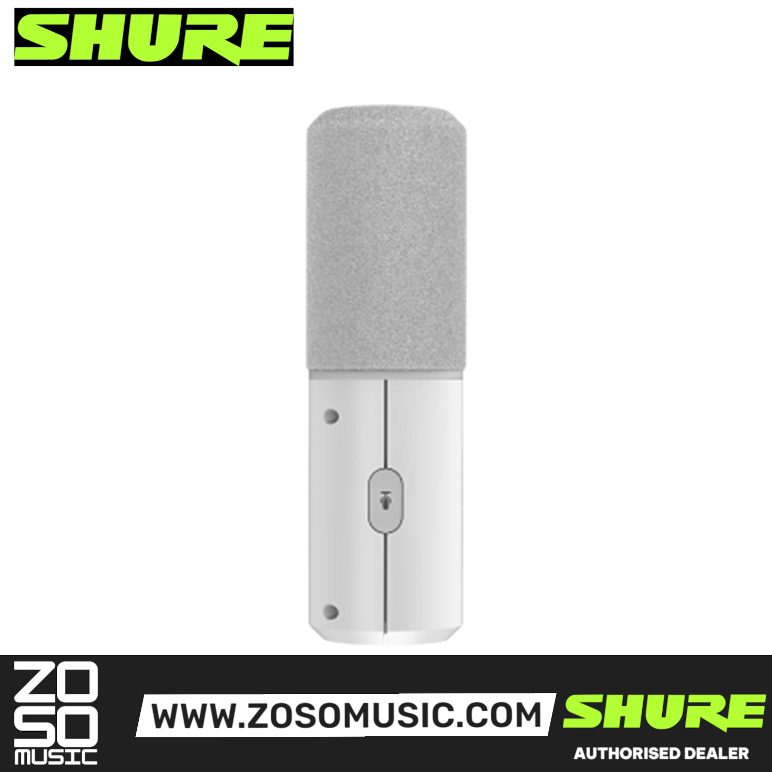 Zoso Music Shure MV6 USB gaming microphone in white with a textured grey foam windscreen and top-mounted mute button.