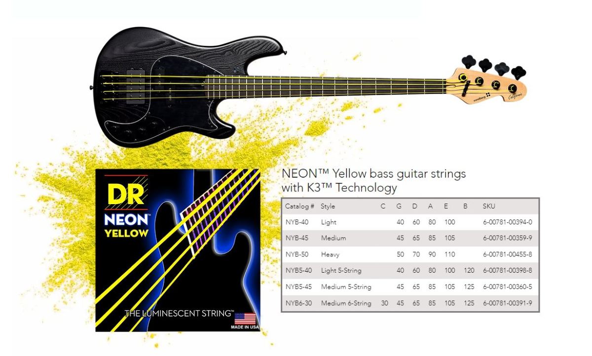 DR Strings NYB-45 NEON Yellow Coated Nickel Plated Bass Strings | 4-String Medium (045 - 105) |  DR STRINGS |  STRINGS-BASS GUITAR |  Zoso Music