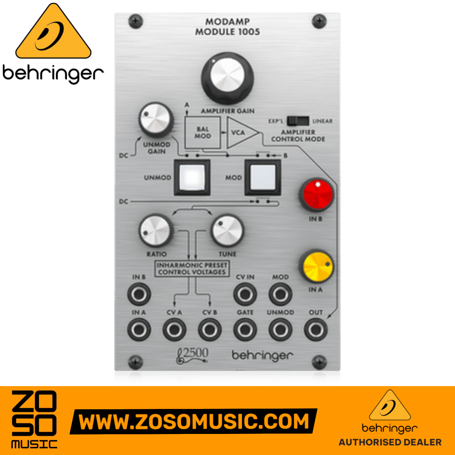 Zoso Music Behringer 1005 Modamp Eurorack module with silver faceplate, knobs, and illuminated modulation buttons.