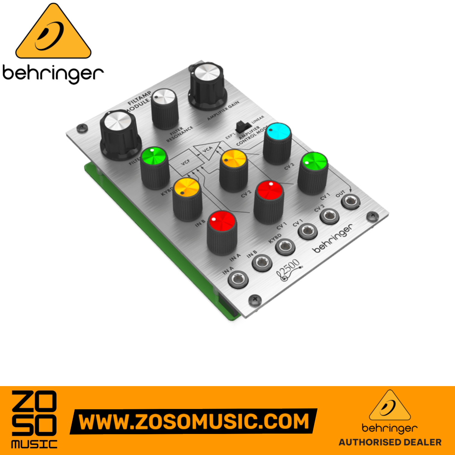 Zoso Music Behringer 1006 Filtamp Eurorack module with silver faceplate, black knobs, and colorful indicator caps.