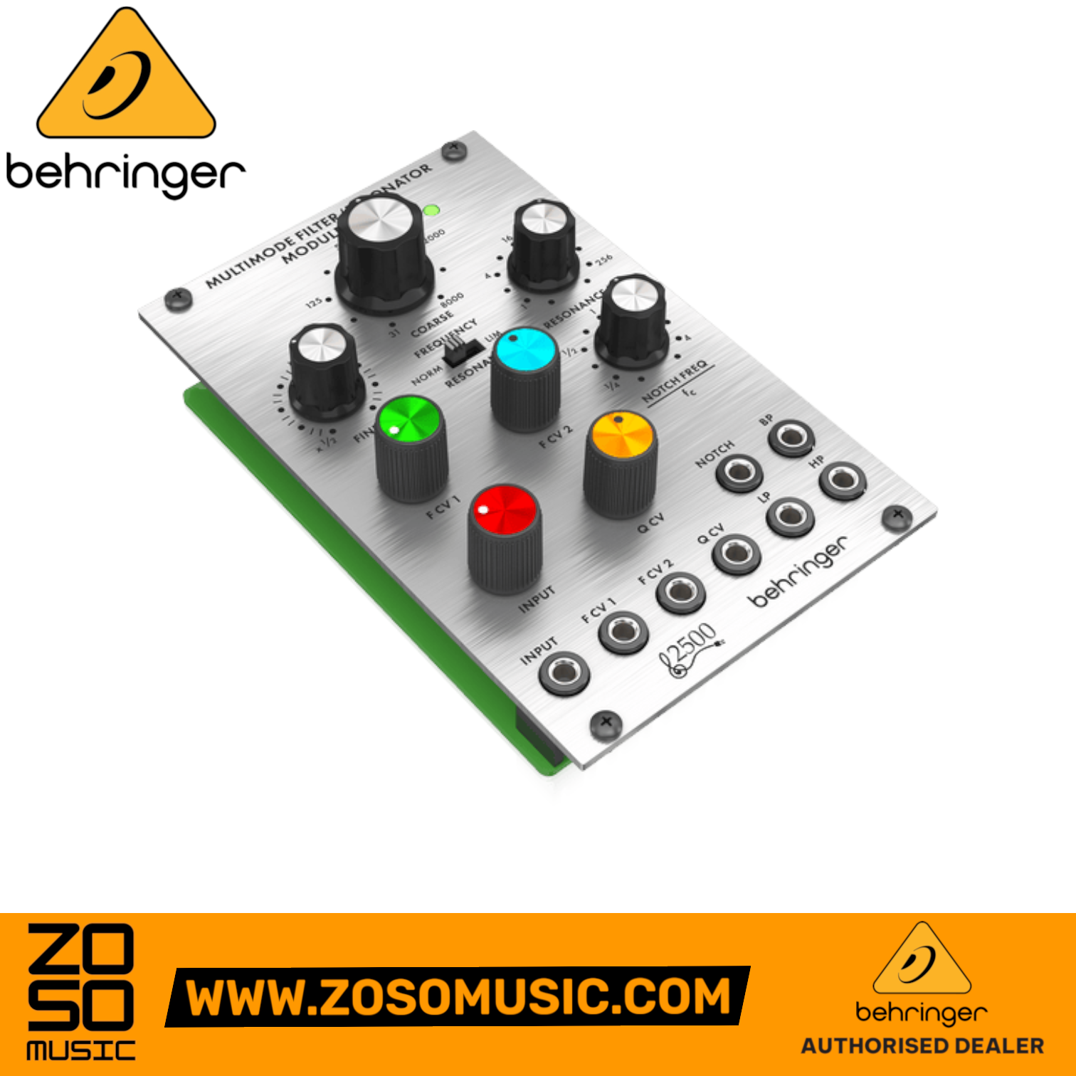 Zoso Music Behringer 1047 Multimode Filter Eurorack module with silver faceplate, colorful knobs, and patch points.