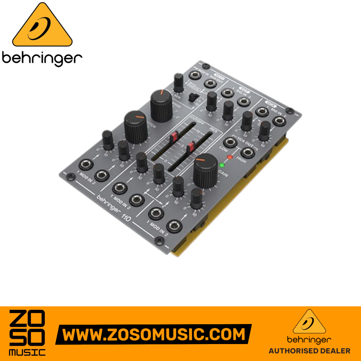 Zoso Music Behringer 110 VCO VCF VCA Eurorack module with black knobs and sliders on a grey panel