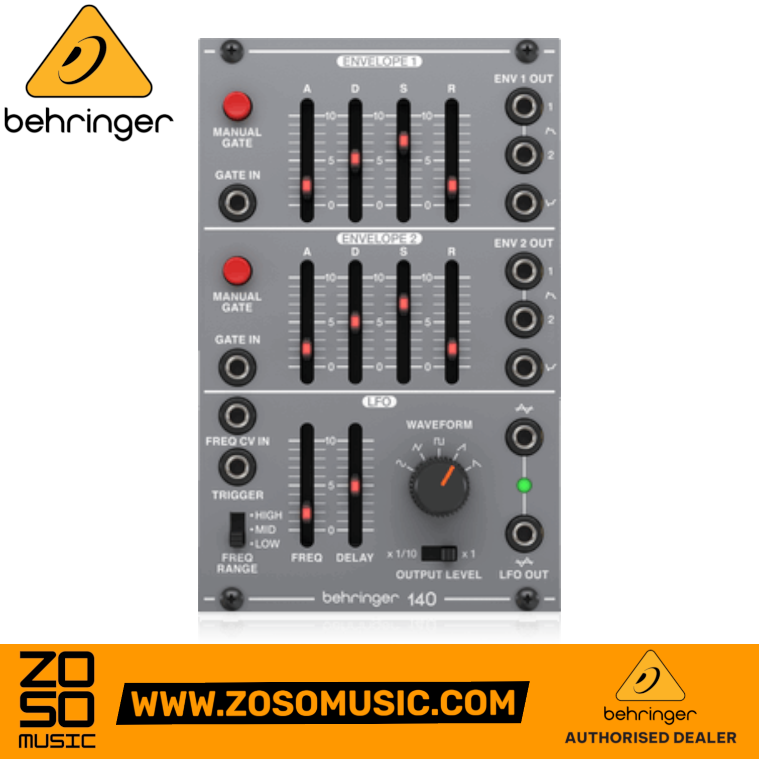 Zoso Music Behringer 140 Dual Envelope and LFO Eurorack module featuring grey panel with sliders and patch points.