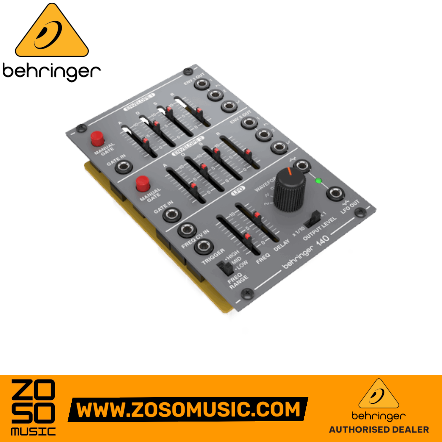 Zoso Music Behringer 140 Dual Envelope and LFO Eurorack module with sliders, knobs, and patch points on grey panel