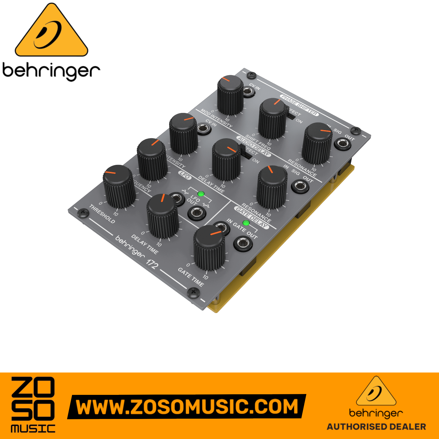 Zoso Music Behringer 172 Eurorack module featuring phase shifter, delay, and LFO controls on a grey panel.