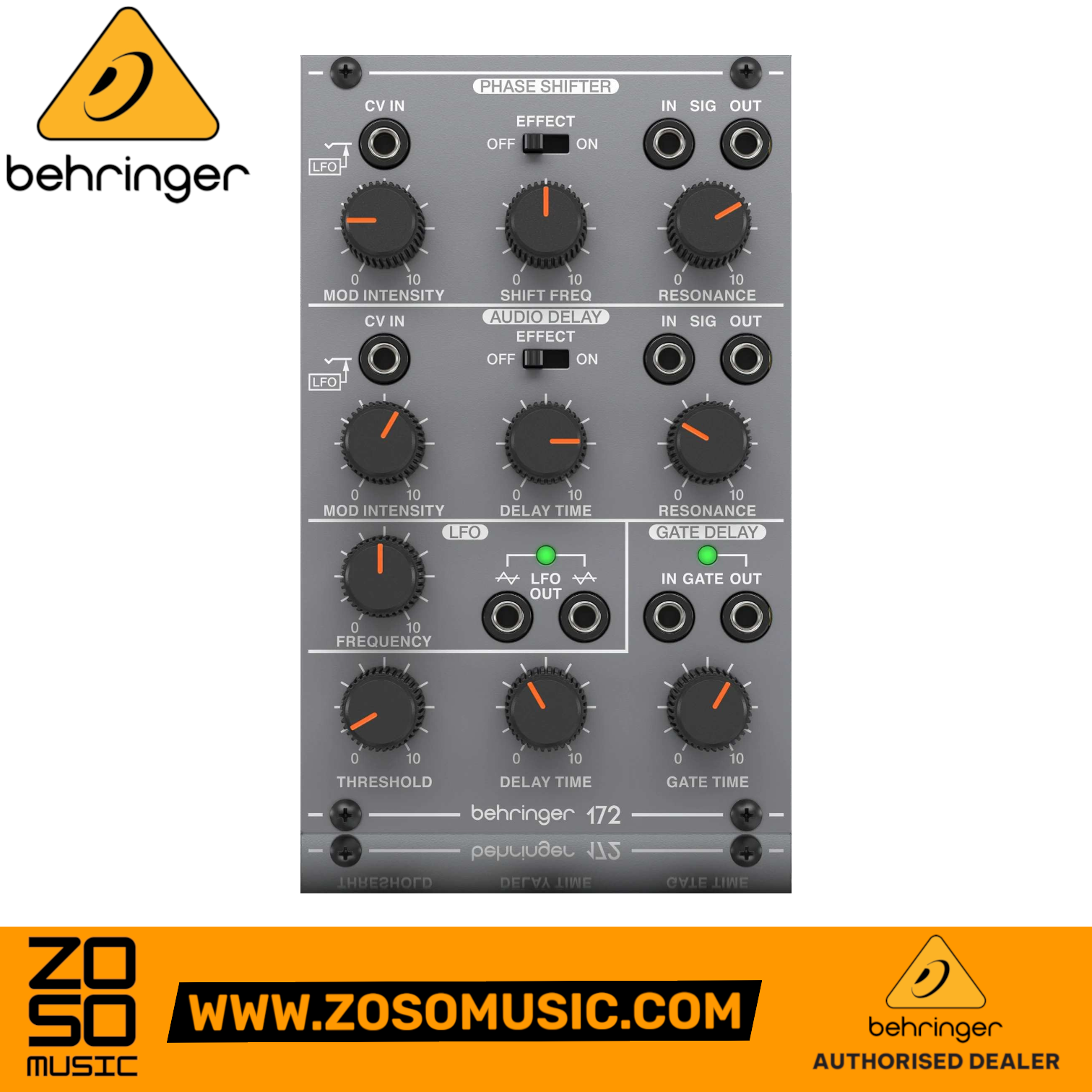 Zoso Music Behringer 172 Eurorack module featuring phase shifter, audio delay, LFO, and gate delay controls.