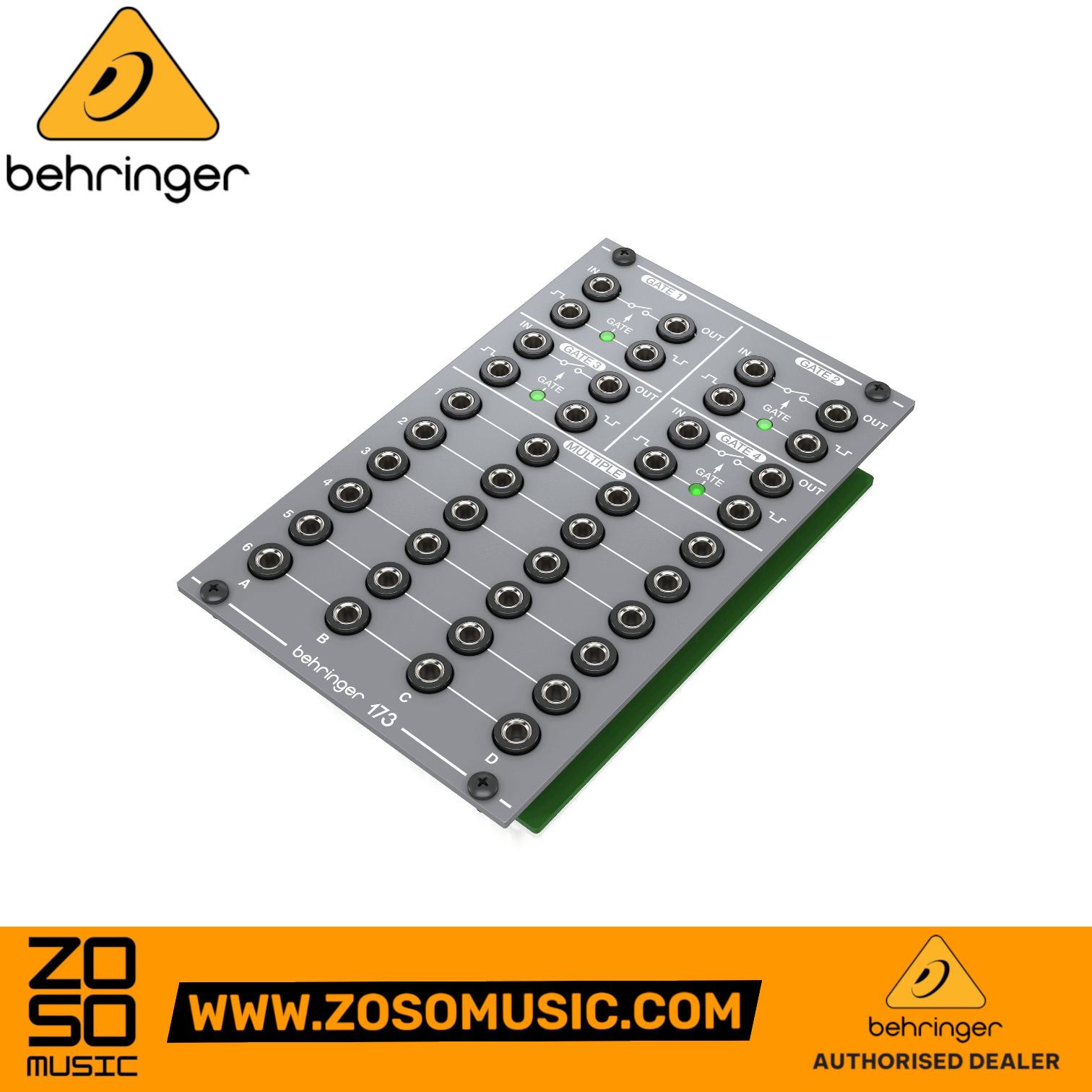 Zoso Music Behringer 173 Quad Gate and Multiples Eurorack module with grey faceplate and LED indicators