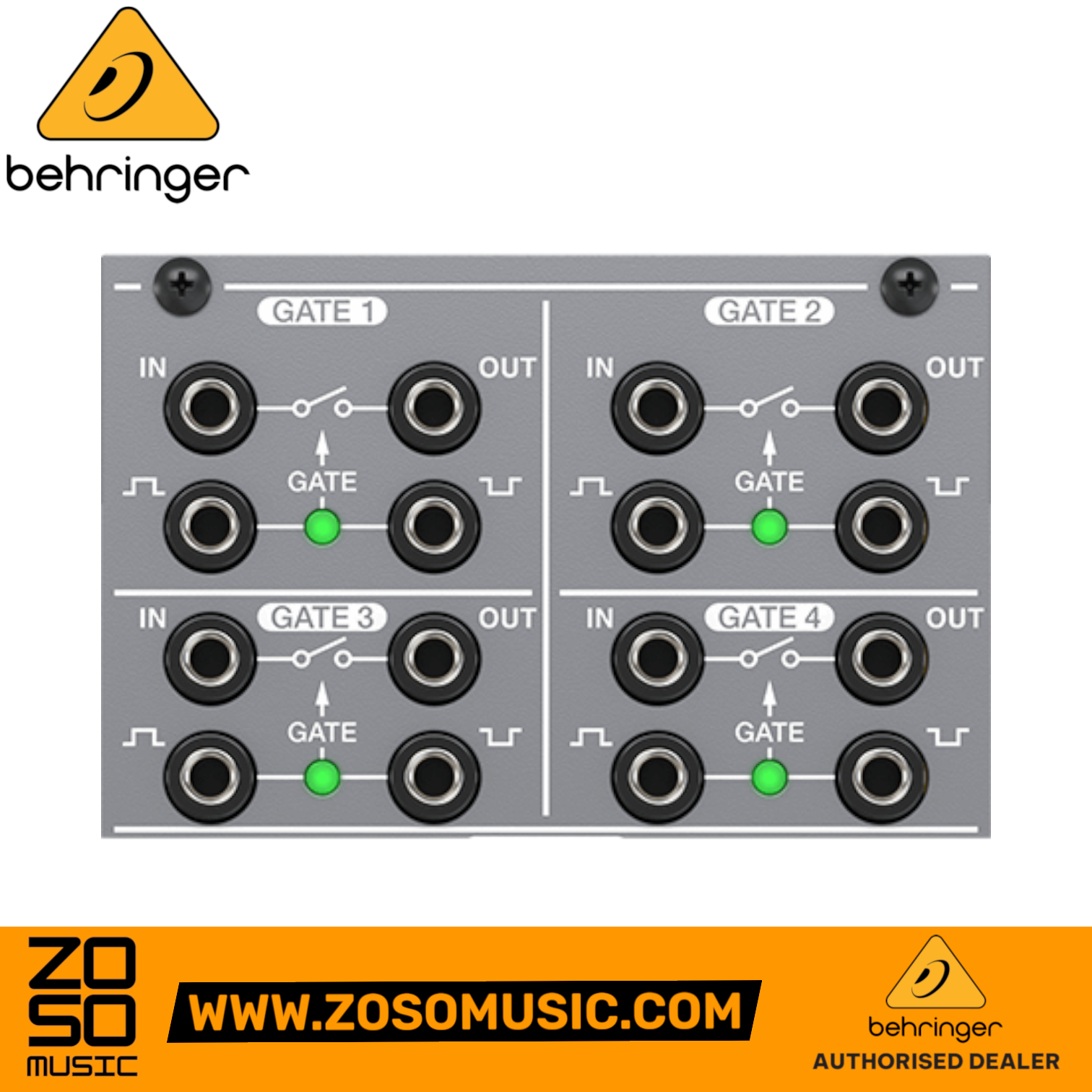 Zoso Music Behringer 173 Quad Gate and Multiples Eurorack module with four signal switches and LED indicators
