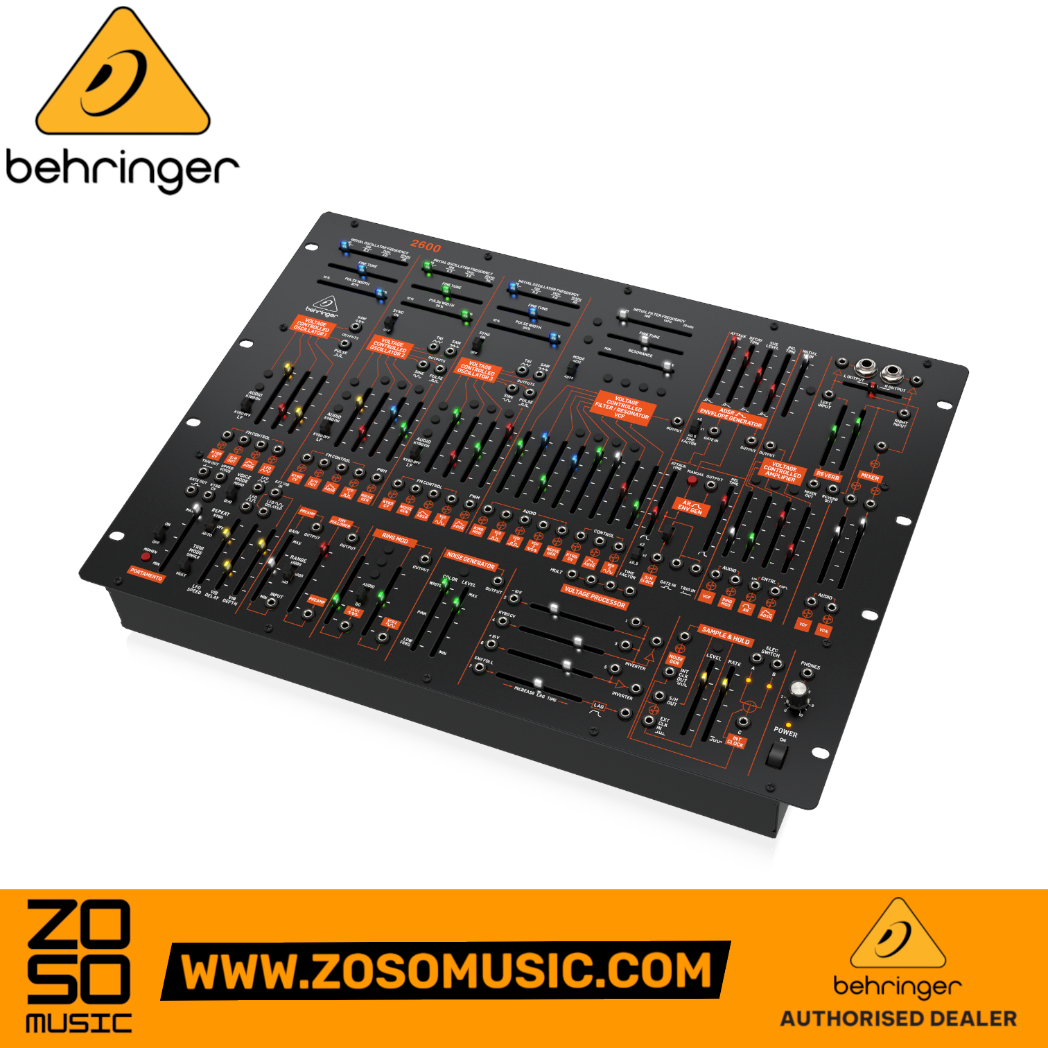 Zoso Music Behringer 2600 semi-modular analog synthesizer with black metal chassis, orange labels, and many faders