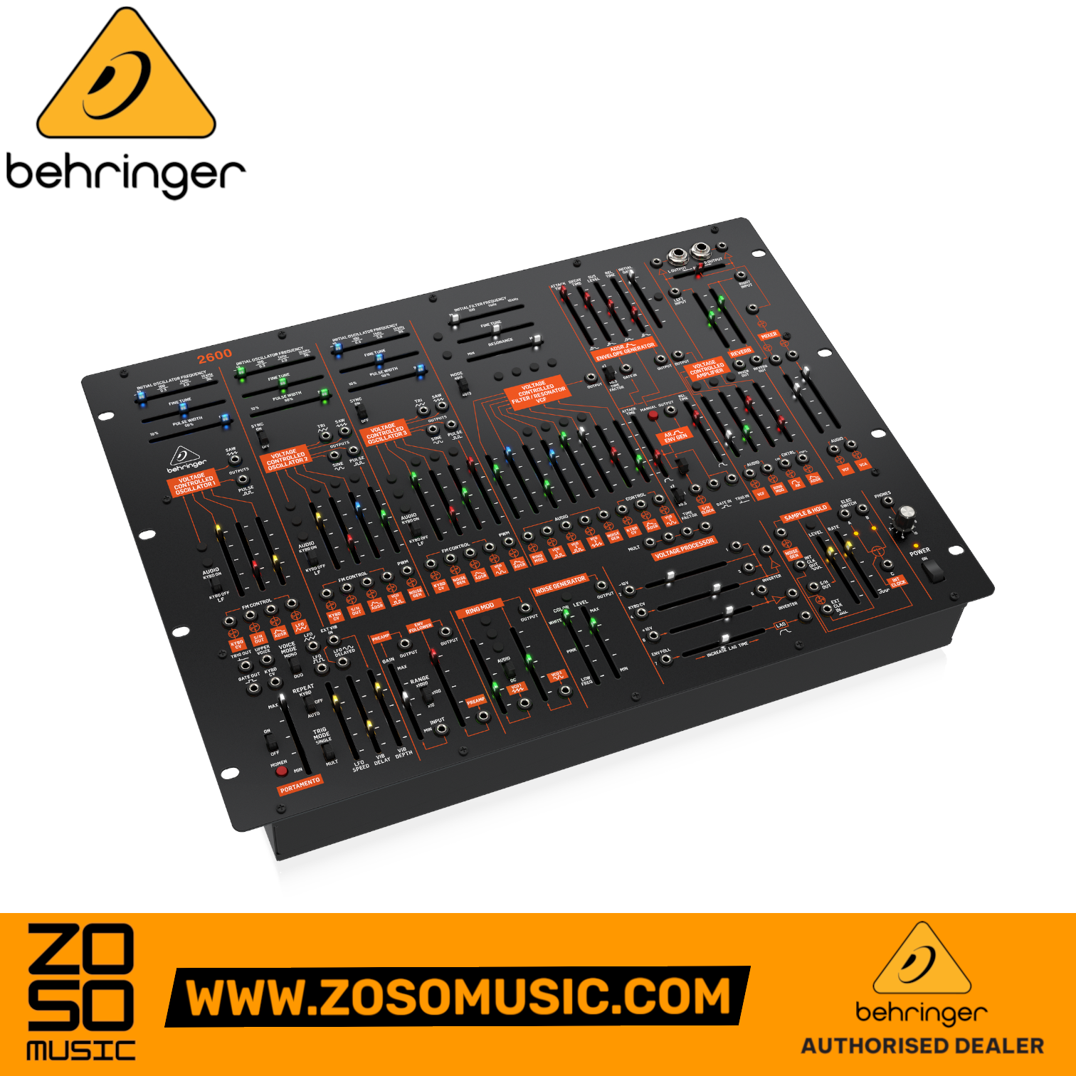 Zoso Music Behringer 2600 semi-modular analog synthesizer with 78 faders, 93 patch points, and orange control labels.
