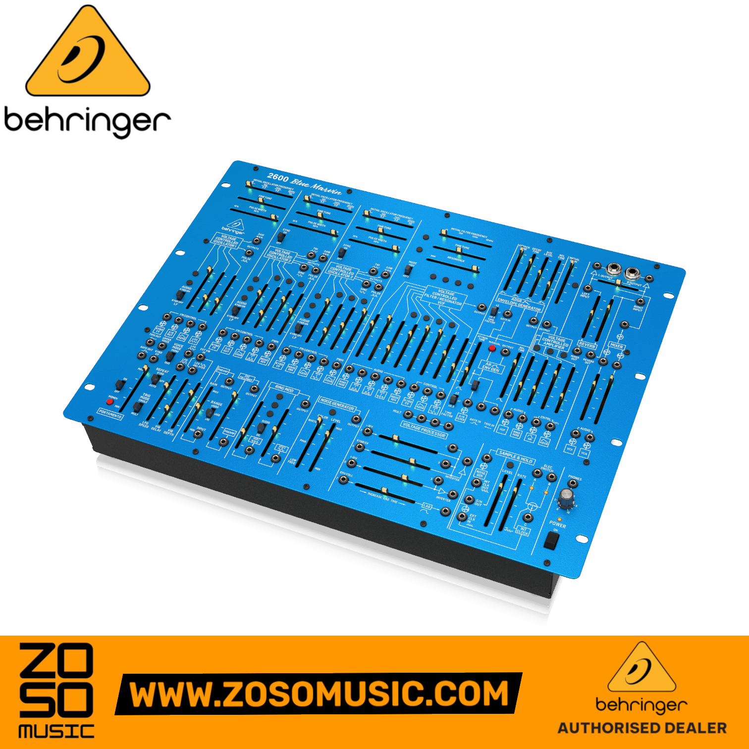 Zoso Music Behringer 2600 Blue Marvin semi-modular analog synthesizer with blue metal chassis and numerous patch points.