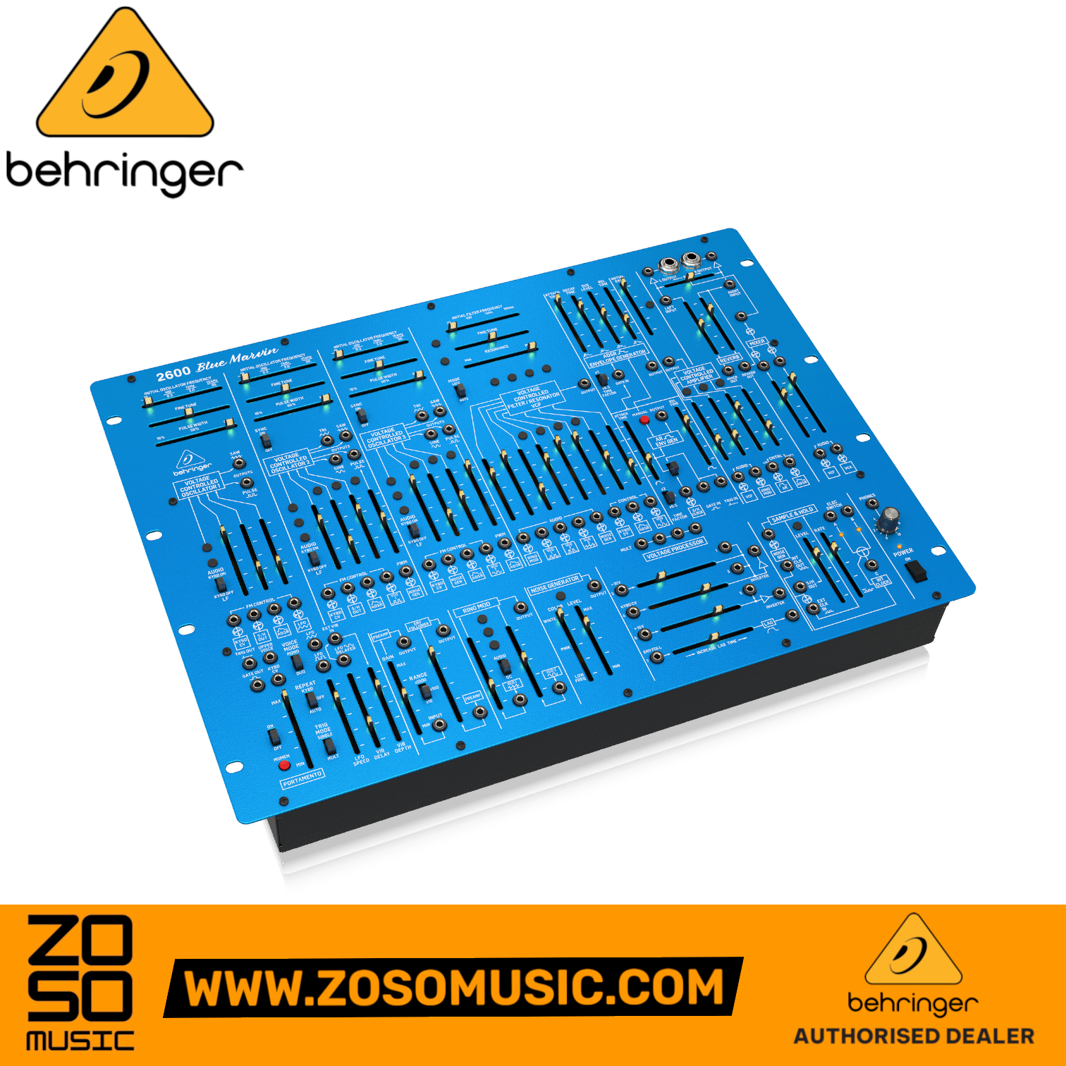 Zoso Music Behringer 2600 Blue Marvin semi-modular analog synthesizer with blue metal panel and numerous faders