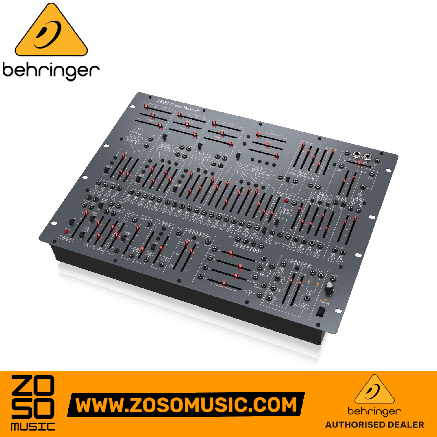 Zoso Music Behringer 2600 Gray Meanie analog semi-modular synthesizer with faders, patch points, and metal chassis.
