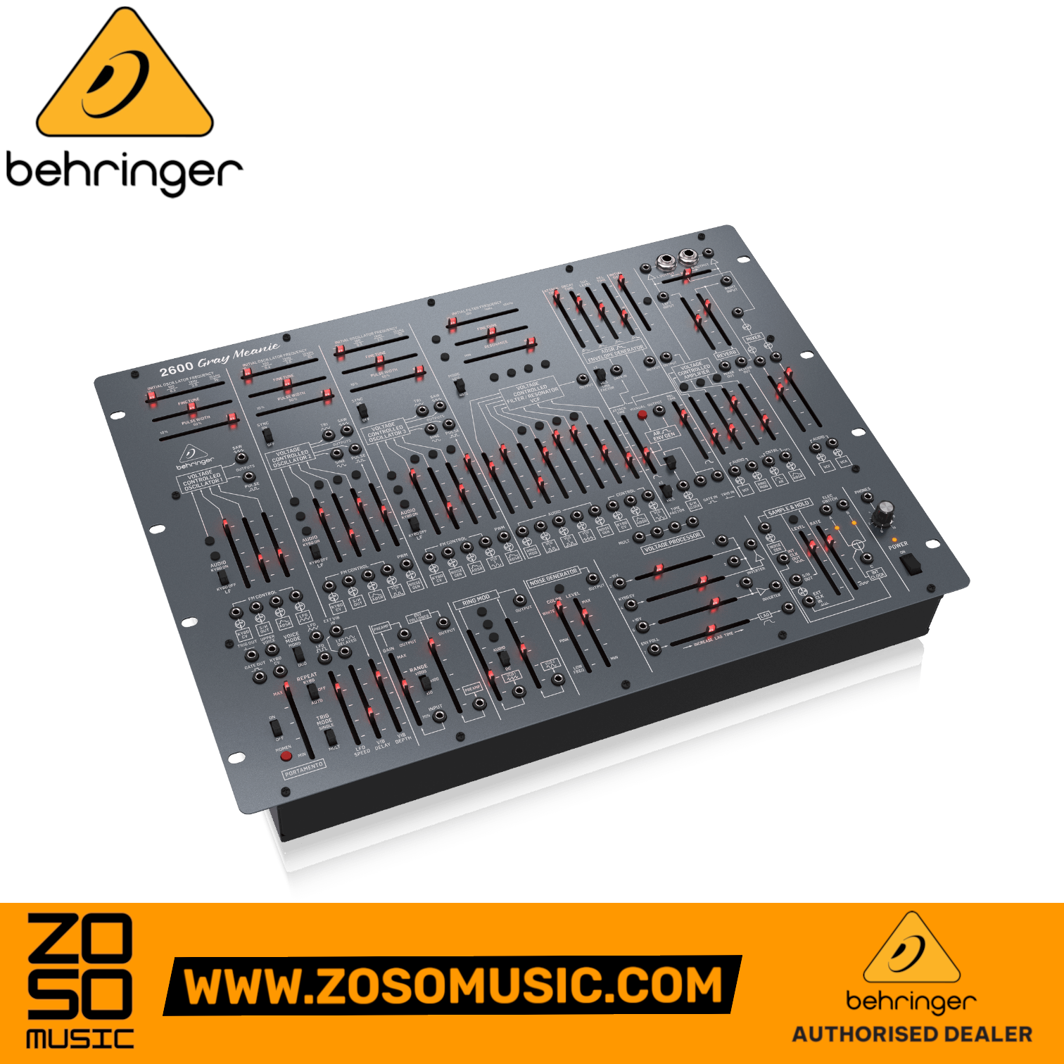 Zoso Music Behringer 2600 Gray Meanie analog semi-modular synthesizer with faders, patch points, and gray metal chassis.