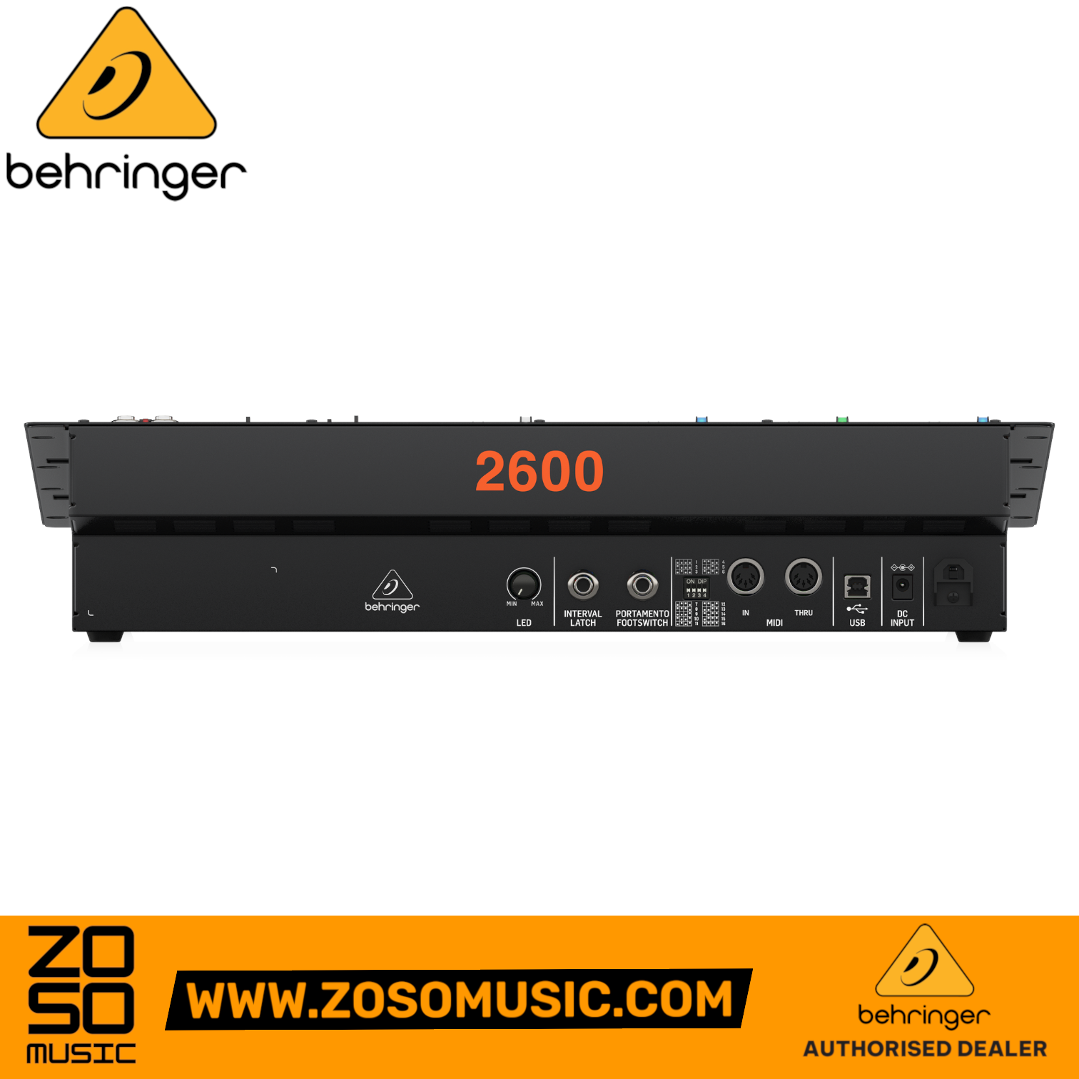Rear panel of the Zoso Music Behringer 2600 semi-modular analog synthesizer showing MIDI, USB, and audio connections.
