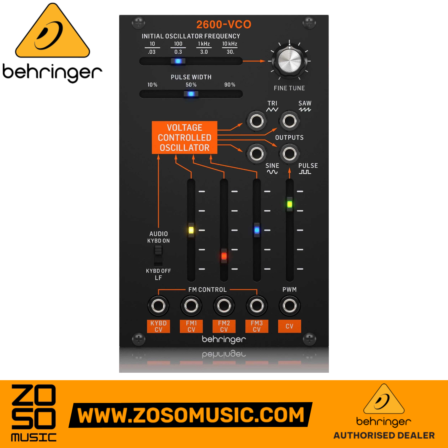 Zoso Music Behringer 2600 VCO Eurorack module with sliders, knobs, and patch points for modular synthesis.