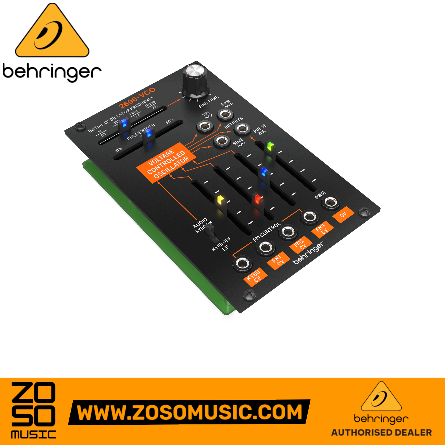 Zoso Music Behringer 2600 VCO Eurorack module with black faceplate, orange accents, and multiple CV control sliders.