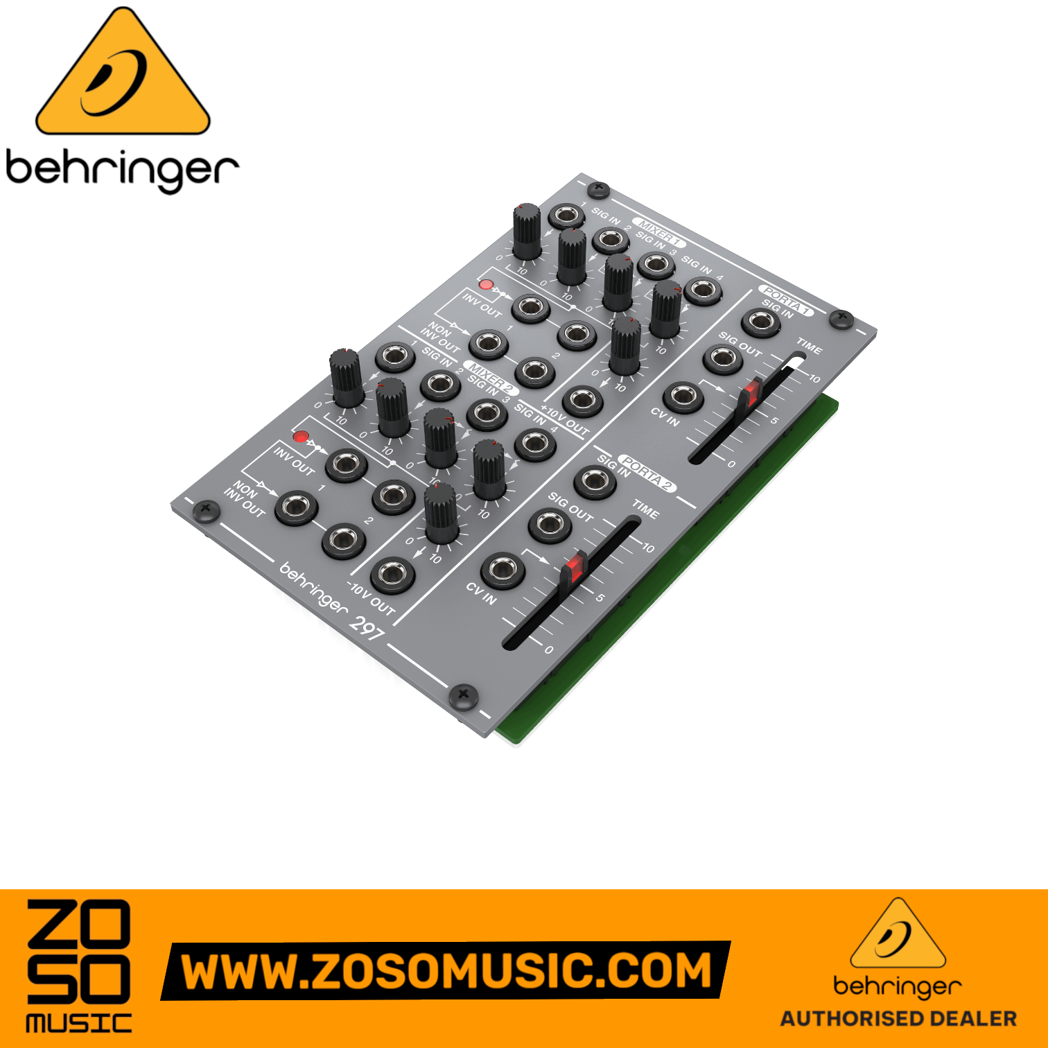 Zoso Music Behringer 297 dual portamento and CV utility Eurorack module with sliders and knobs on a grey panel