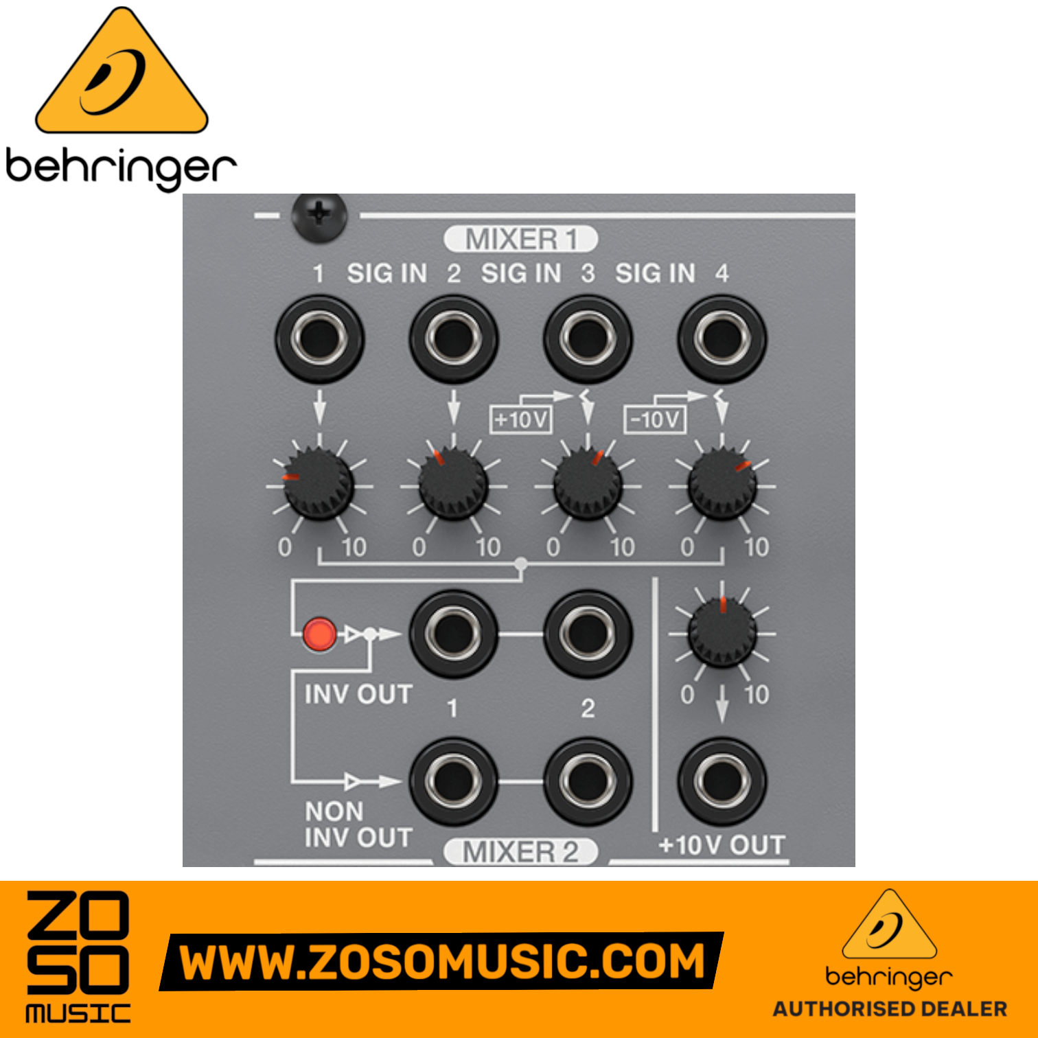 Zoso Music Behringer 297 dual portamento and CV utility Eurorack module front panel with mixer controls