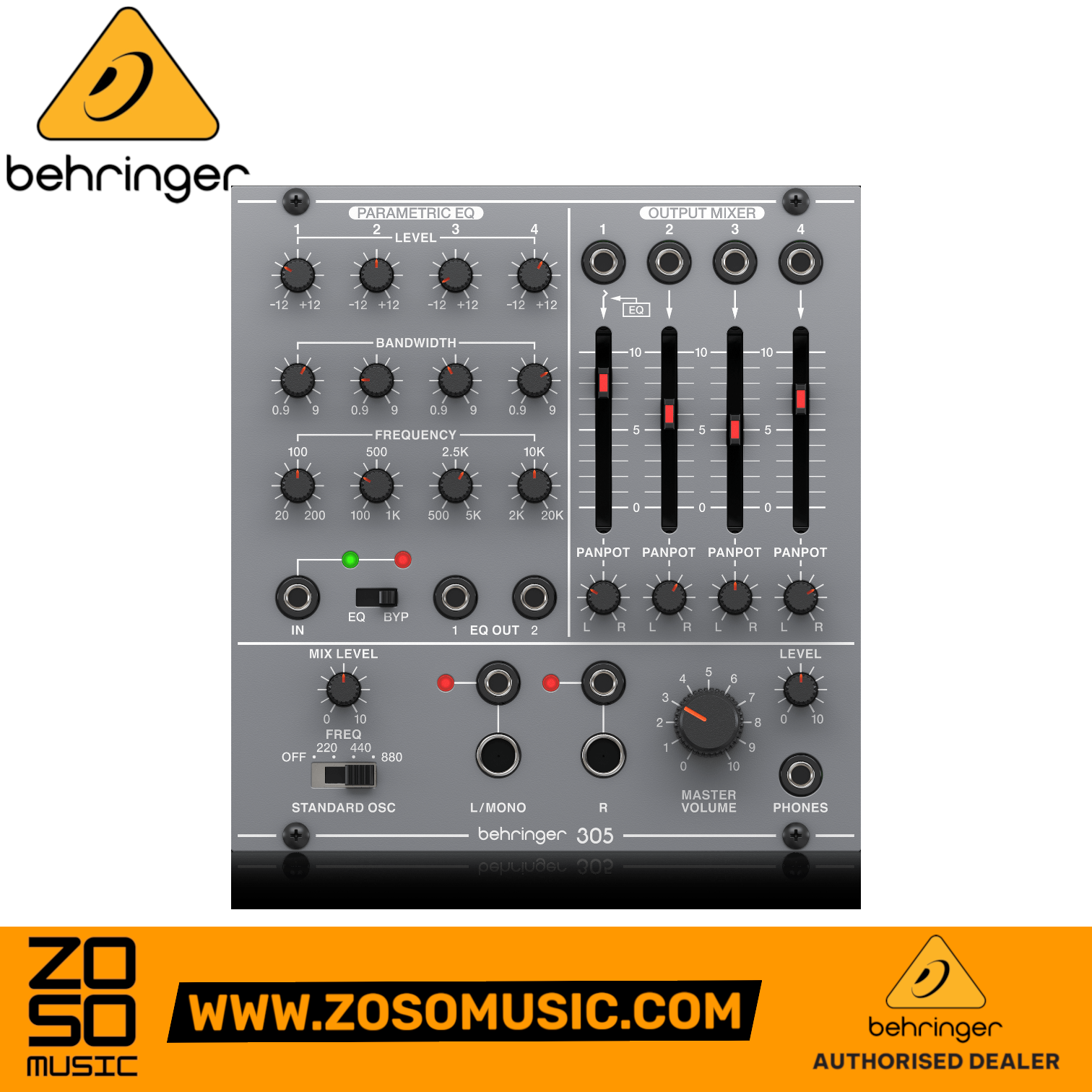 Zoso Music Behringer 305 Eurorack module featuring parametric EQ, 4-channel mixer, and tuning oscillator controls.