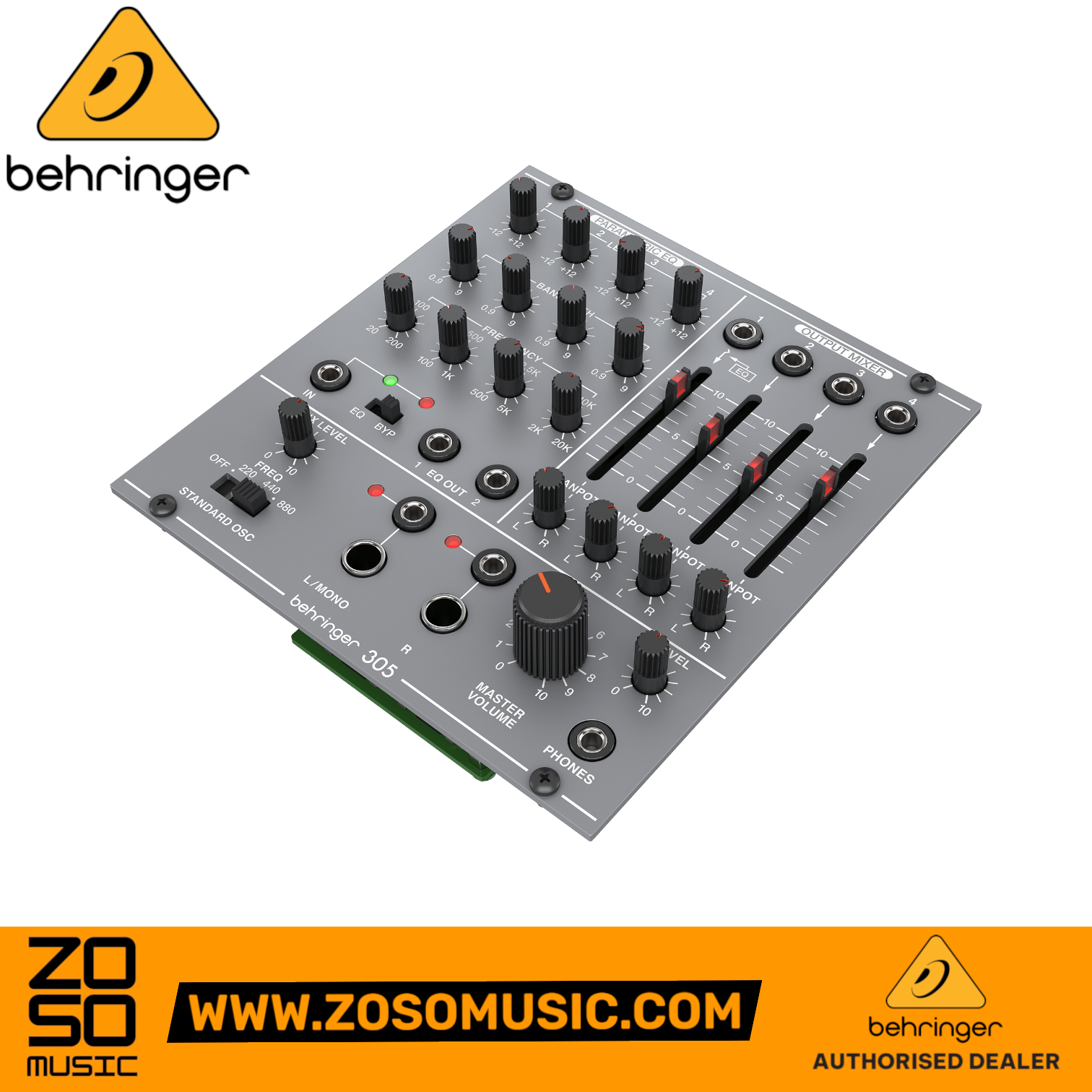 Zoso Music Behringer 305 EQ, Mixer, and Output Eurorack module with parametric controls and tuning oscillator.