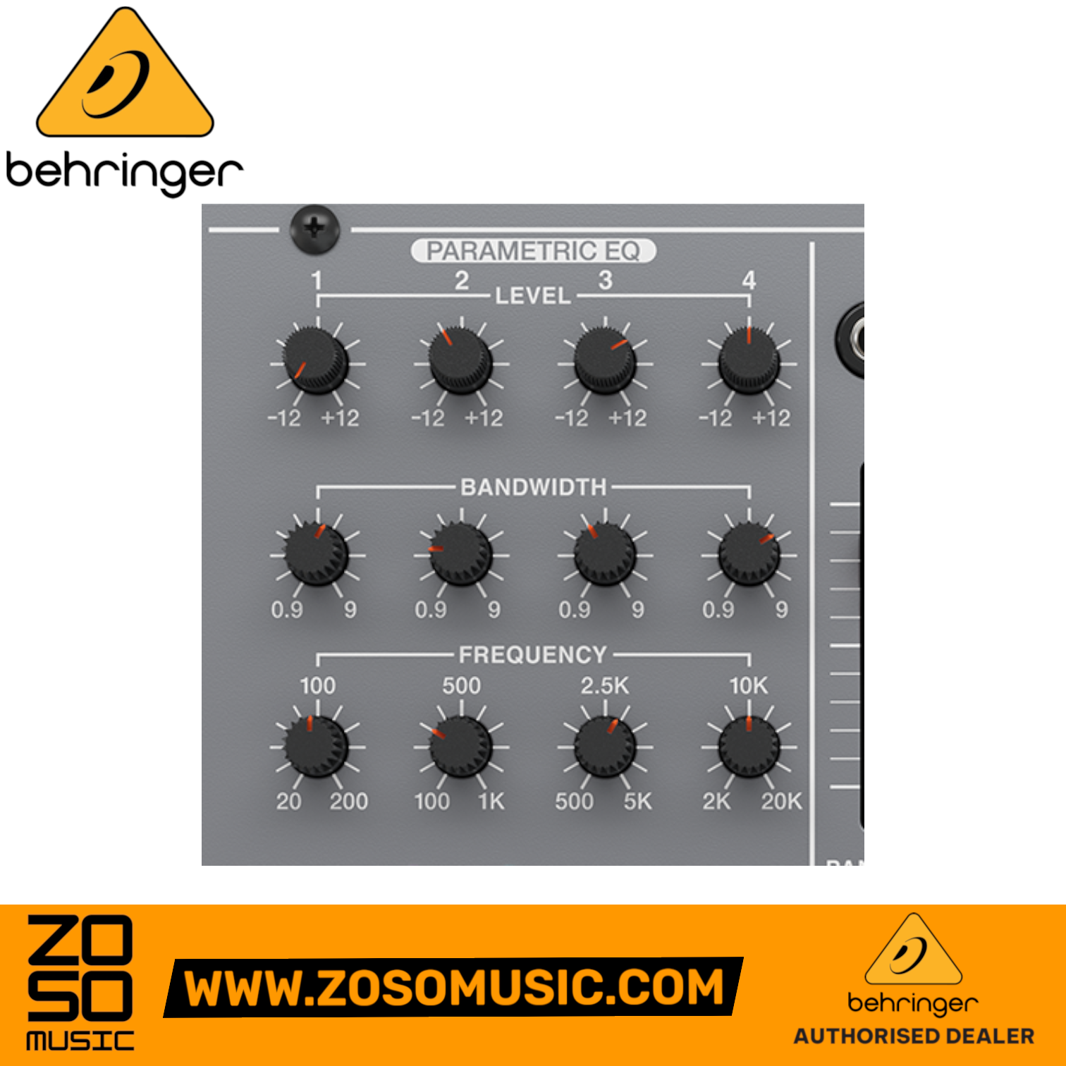 Zoso Music Behringer 305 Eurorack module parametric EQ section with level, bandwidth, and frequency control knobs