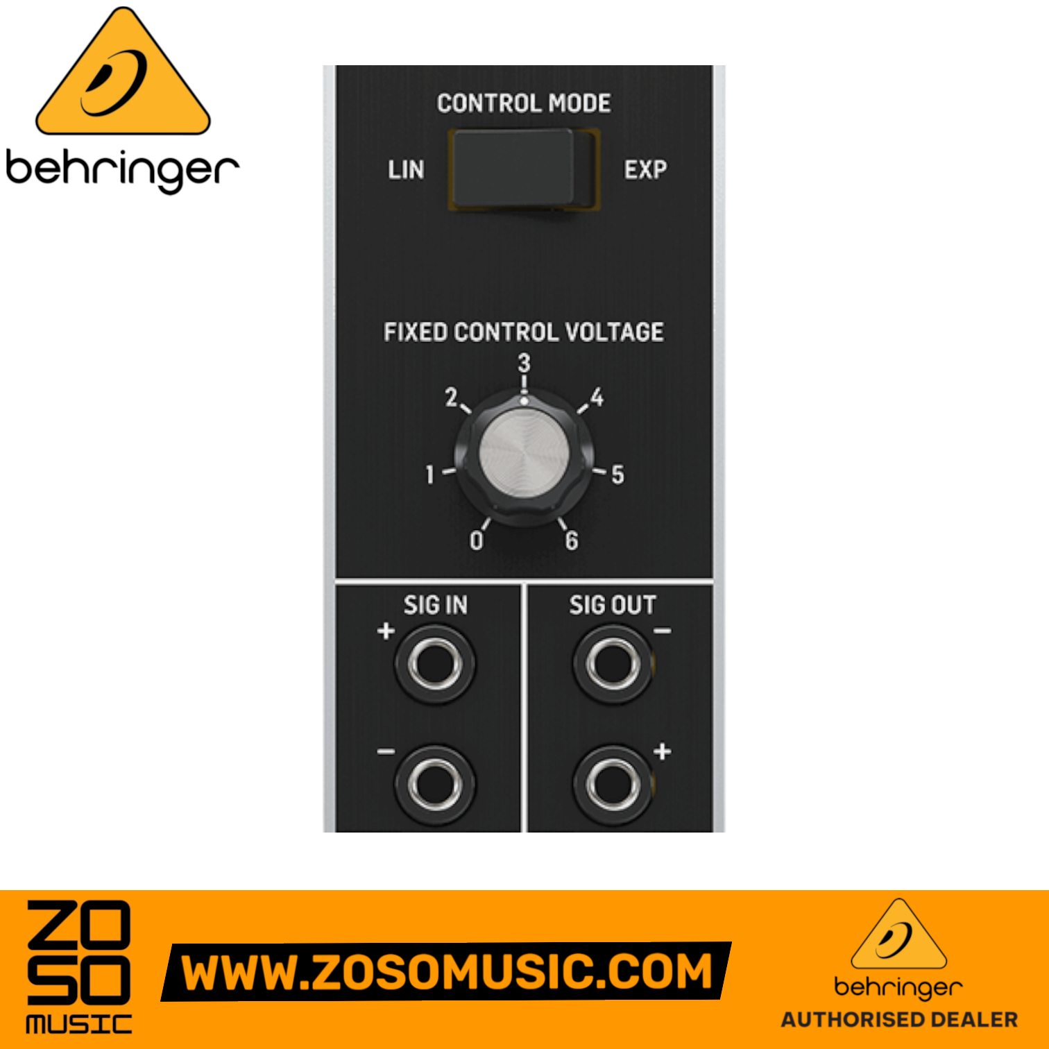 Zoso Music Behringer 902 VCA Eurorack module featuring a manual control knob and linear or exponential mode switch.