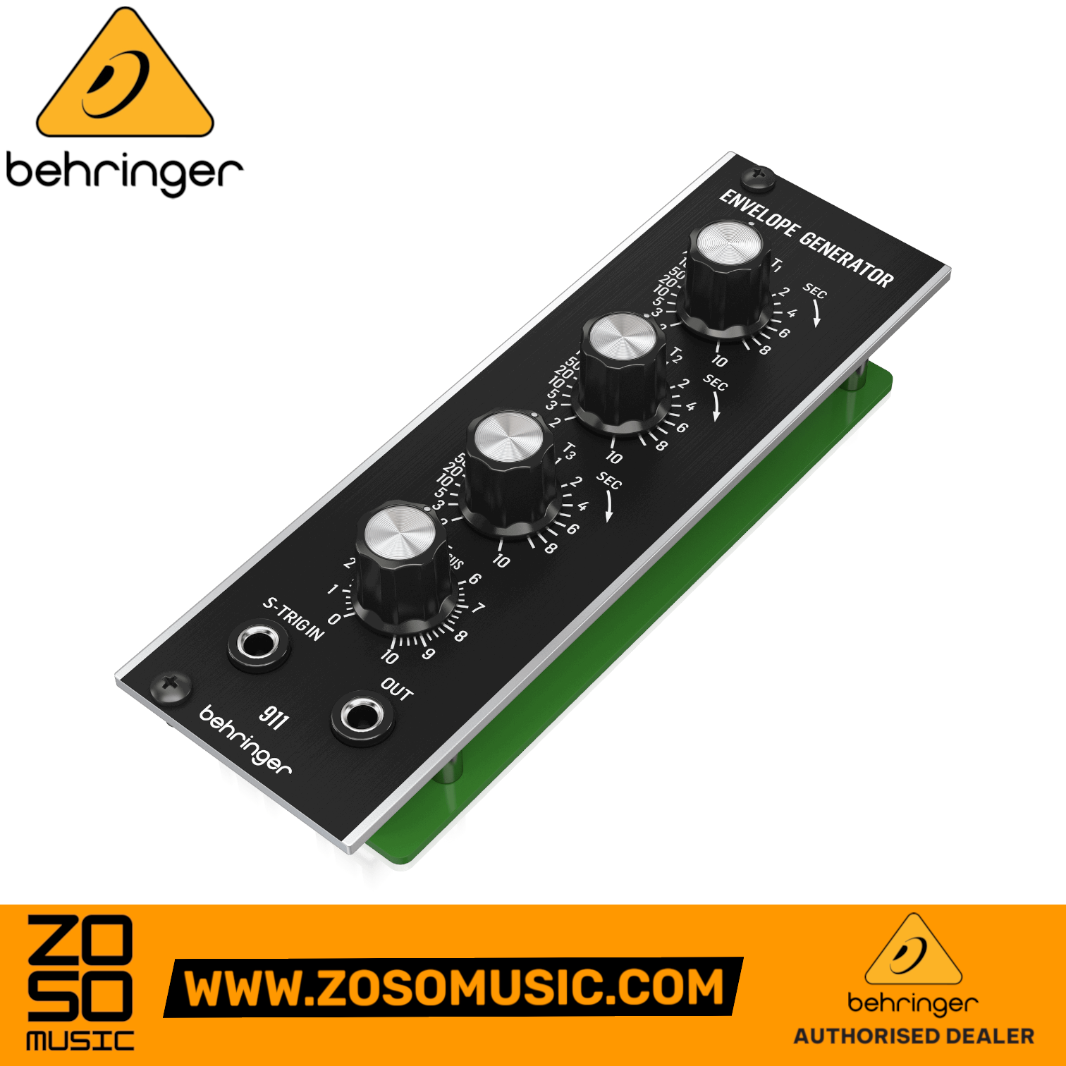 Zoso Music Behringer 911 Envelope Generator Eurorack module with four control knobs for sound sculpting.