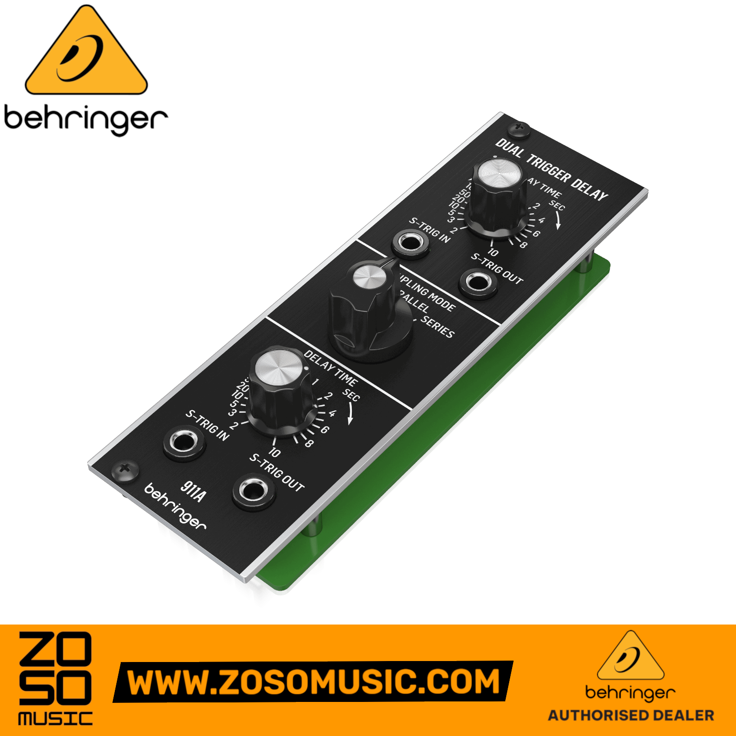 Zoso Music Behringer 911A Dual Trigger Delay Eurorack module with silver knobs and black panel for modular synthesis.