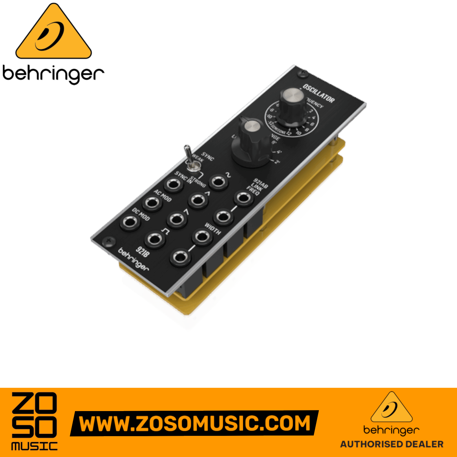 Zoso Music Behringer 921B Eurorack oscillator module with black faceplate, knobs, and patch points.