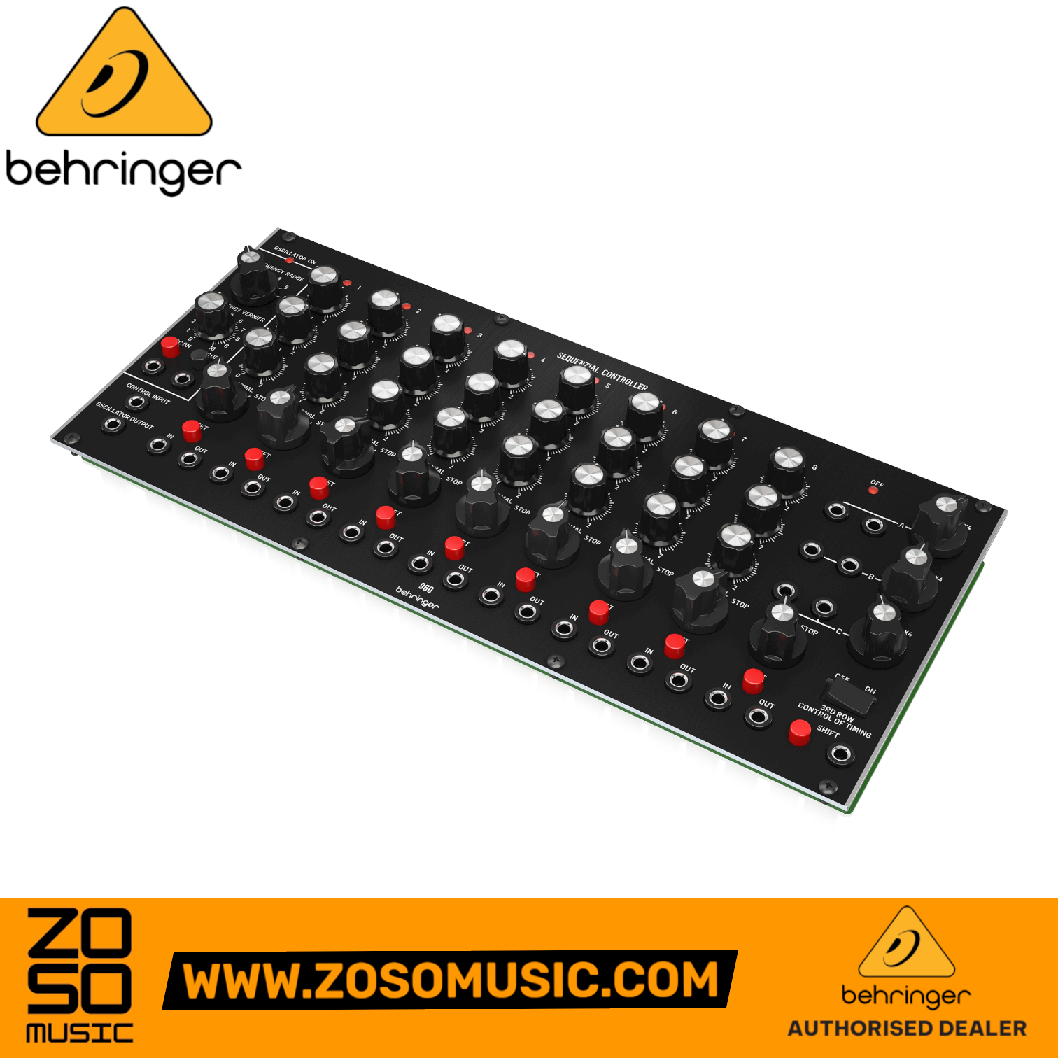 Zoso Music Behringer 960 Sequential Controller Eurorack module with three rows of knobs and manual step trigger buttons.