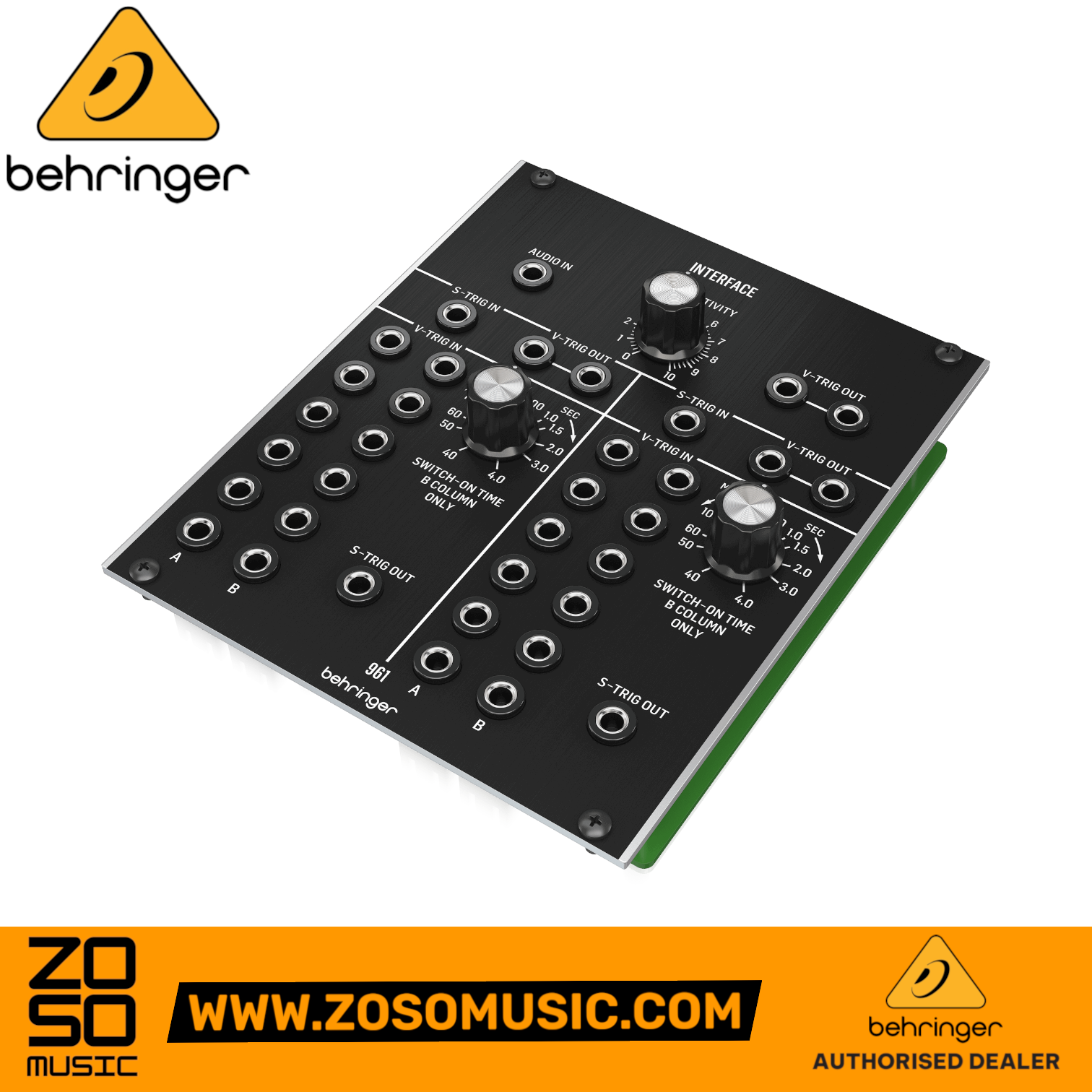 Zoso Music Behringer 961 Interface Eurorack module with black panel, multiple trigger inputs, and control knobs.