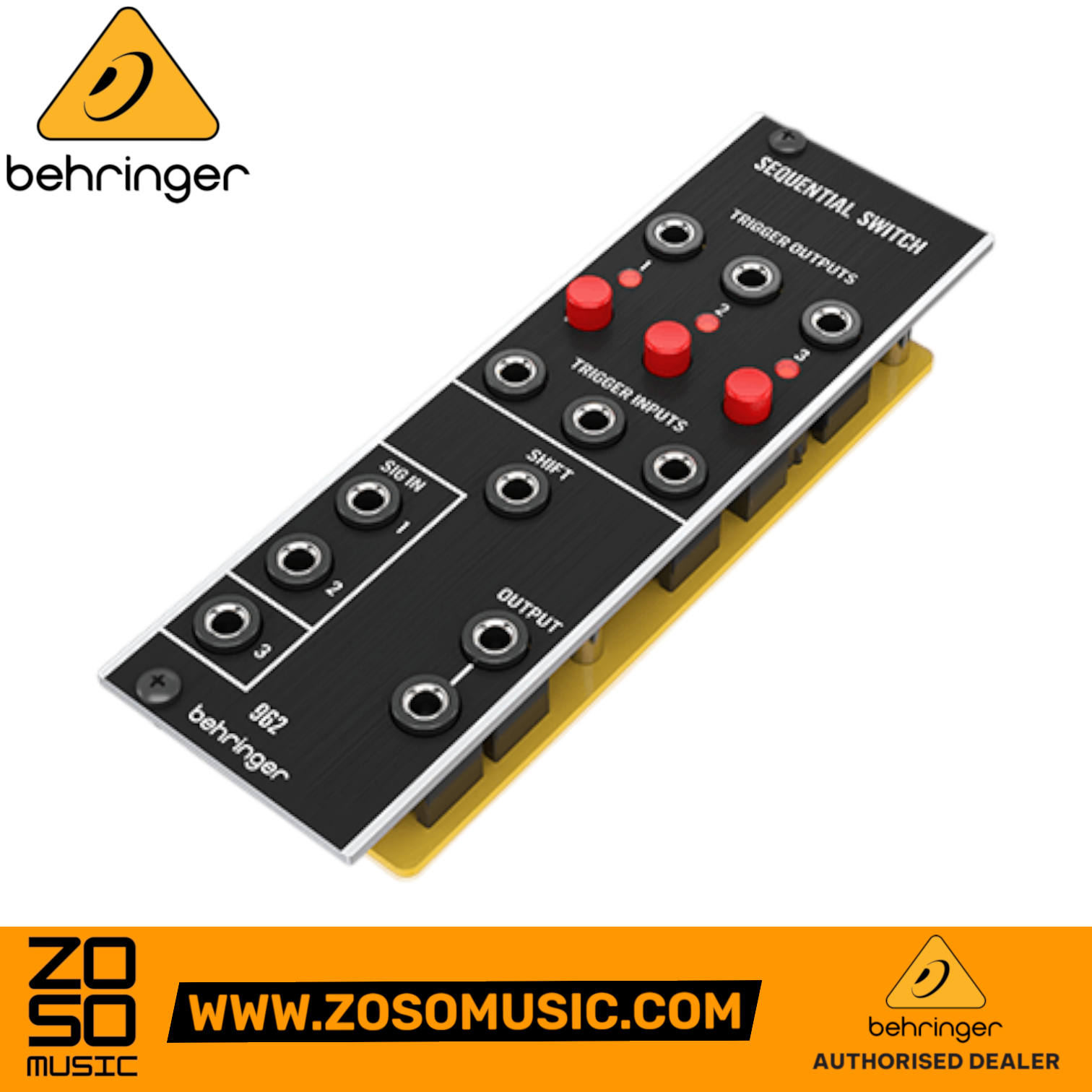 Zoso Music Behringer 962 Sequential Switch Eurorack module with black faceplate, red buttons, and signal patch points.