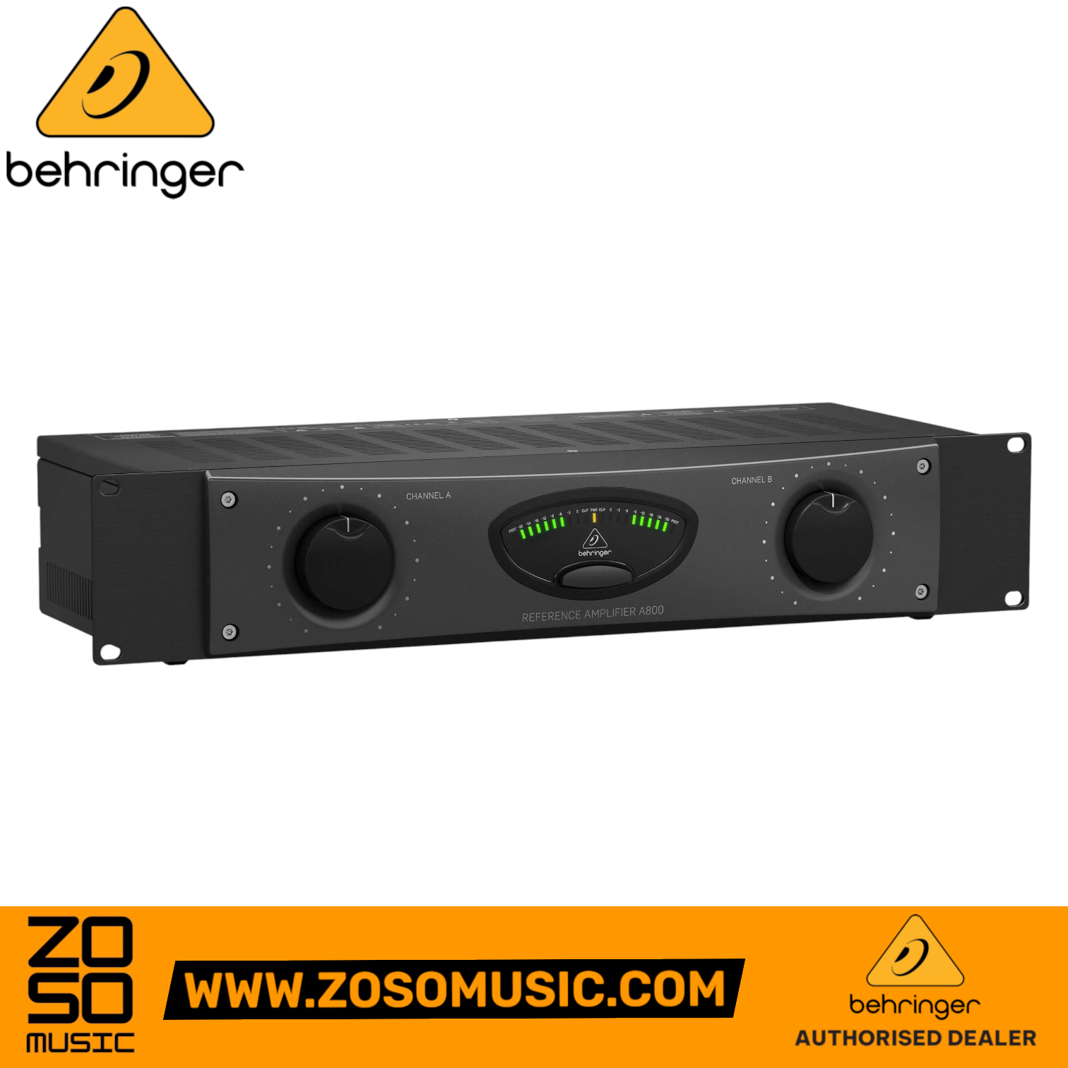 Zoso Music Behringer A800 2-channel power amplifier with black front panel, volume knobs, and LED level meters.