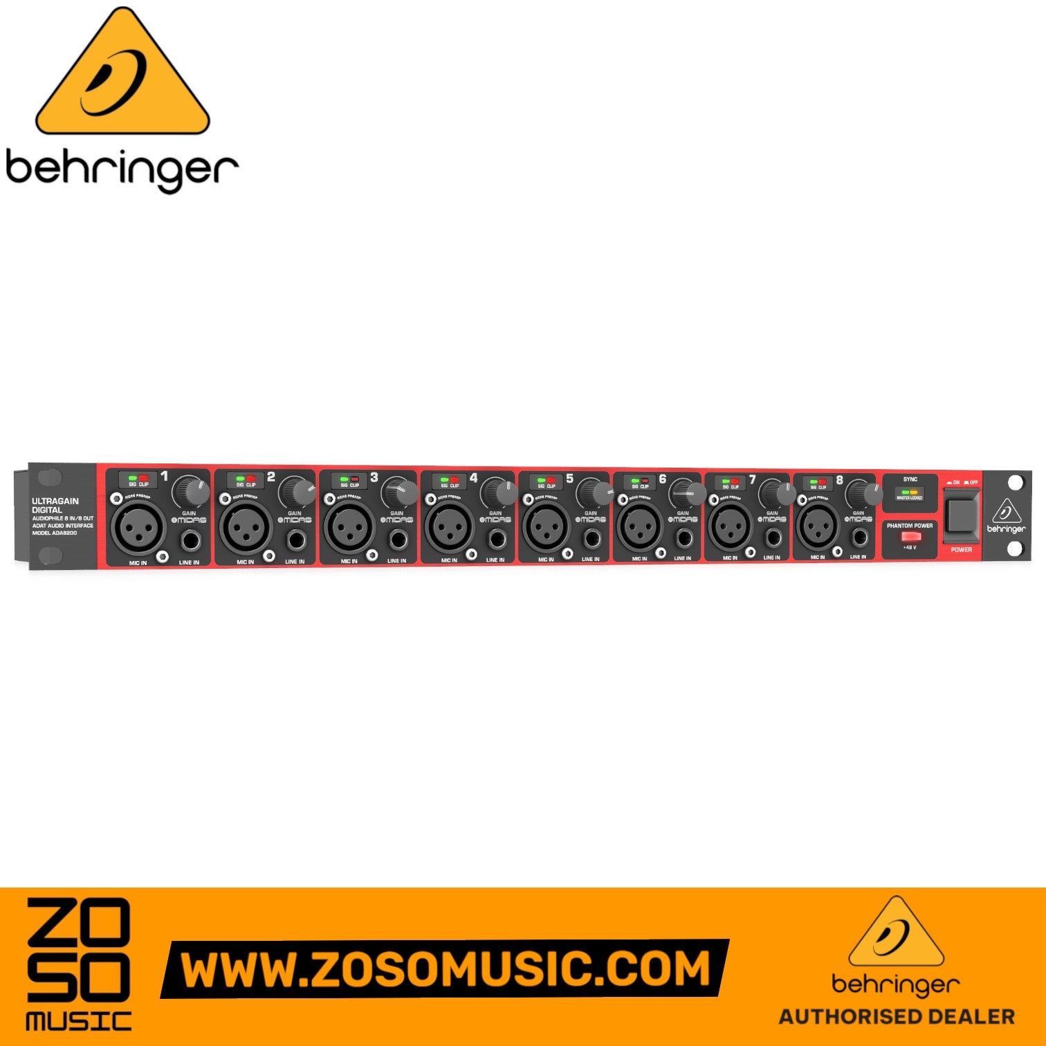Zoso Music Behringer ADA8200 8-channel rackmount microphone preamp with Midas-designed inputs and ADAT interface.