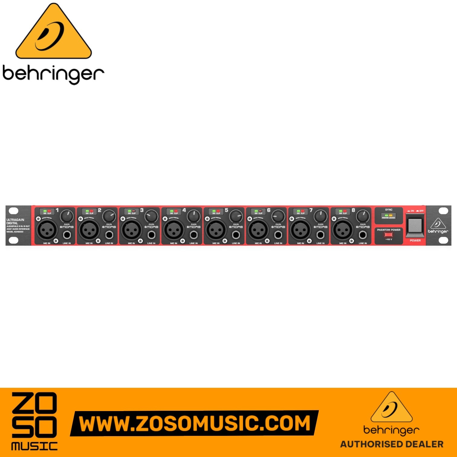 Zoso Music Behringer ADA8200 8-channel rackmount microphone preamp with Midas-designed inputs and LED indicators.