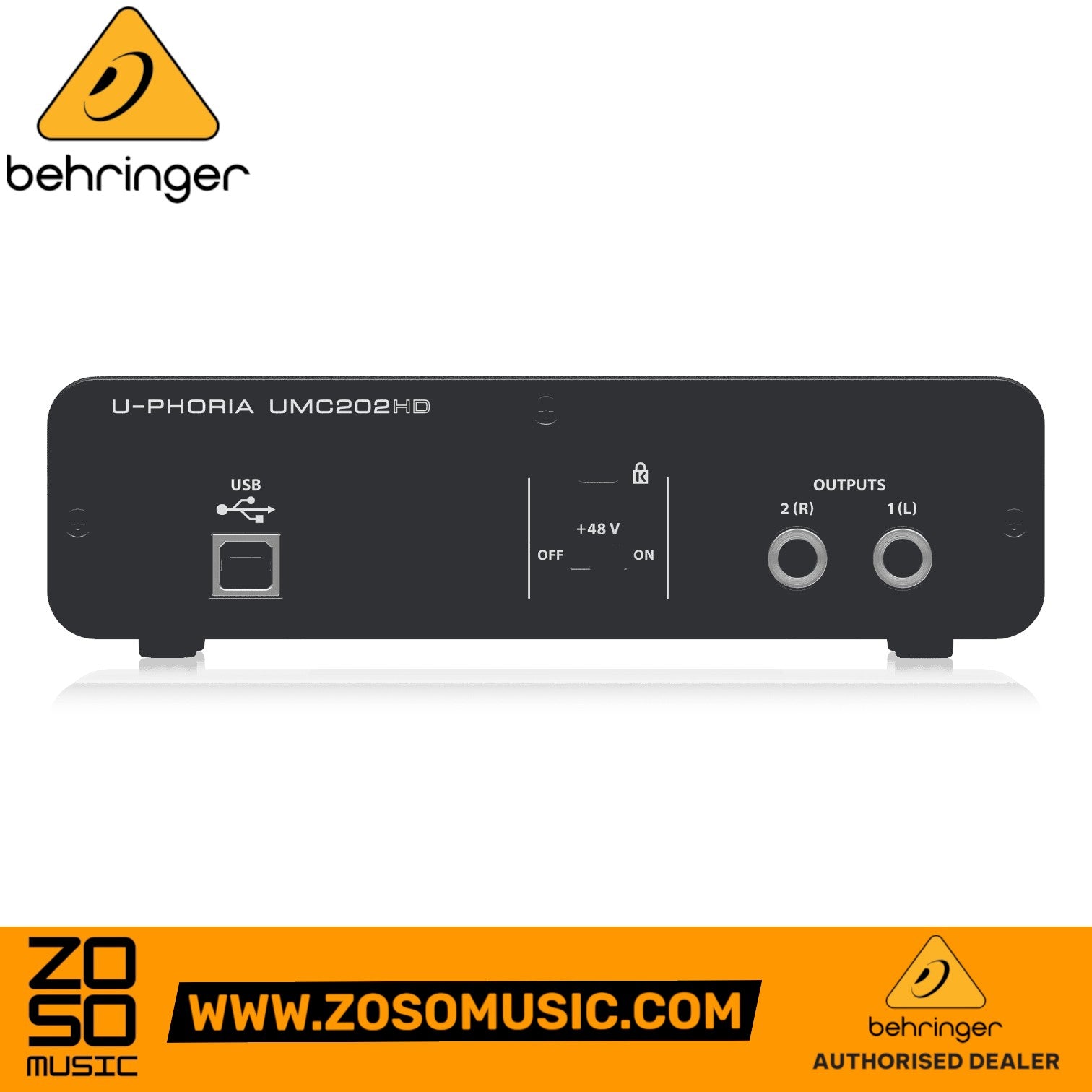 Zoso Music Behringer U-Phoria UMC-202HD audio interface rear panel showing USB port, phantom power switch, and outputs