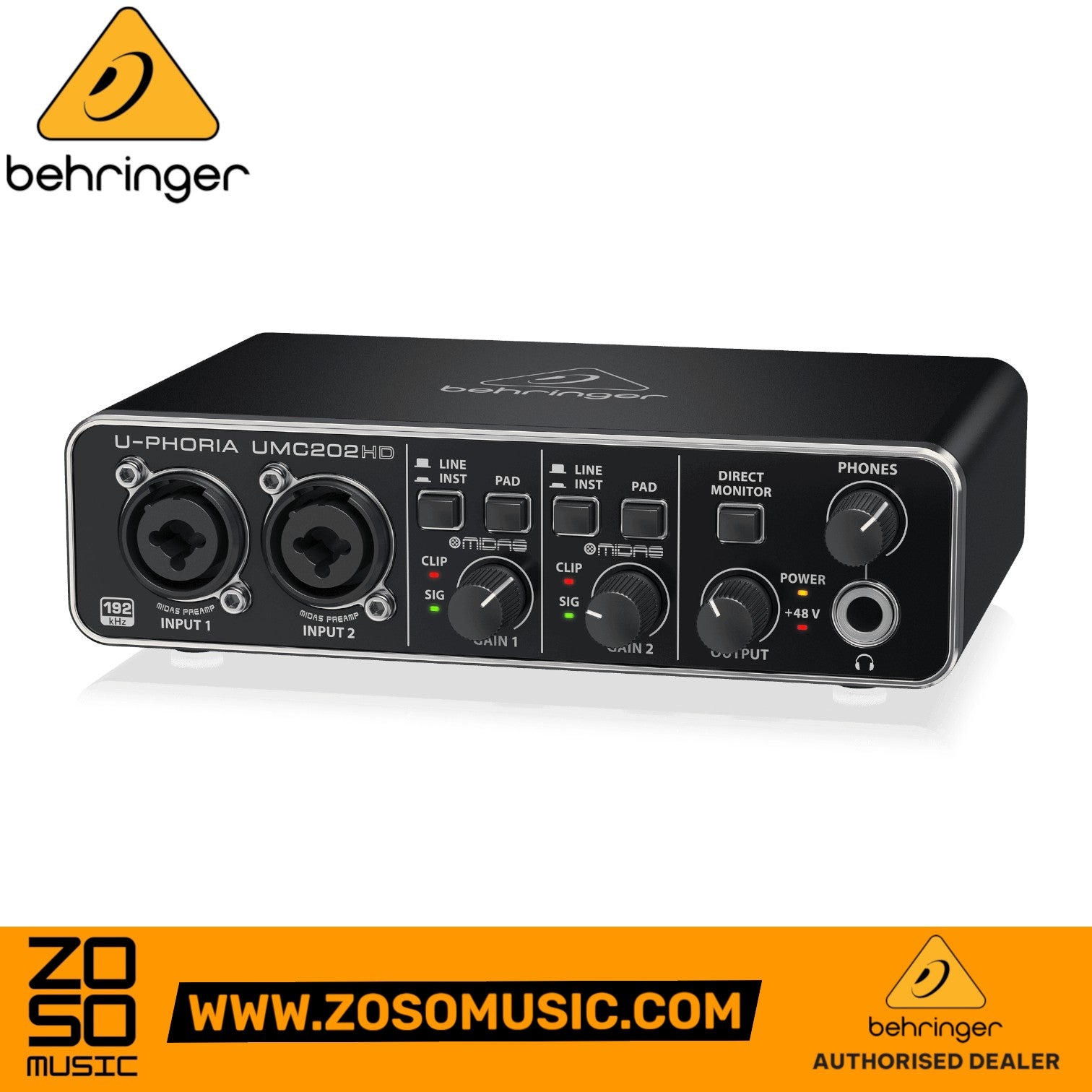 Zoso Music Behringer U-Phoria UMC-202HD 2x2 USB audio interface with Midas preamps in a black metal chassis