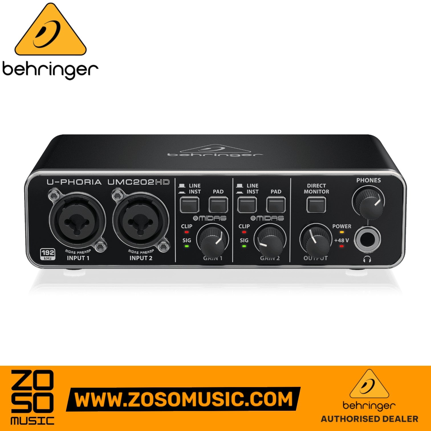 Zoso Music Behringer U-Phoria UMC-202HD audio interface with two Midas mic preamps and metal chassis