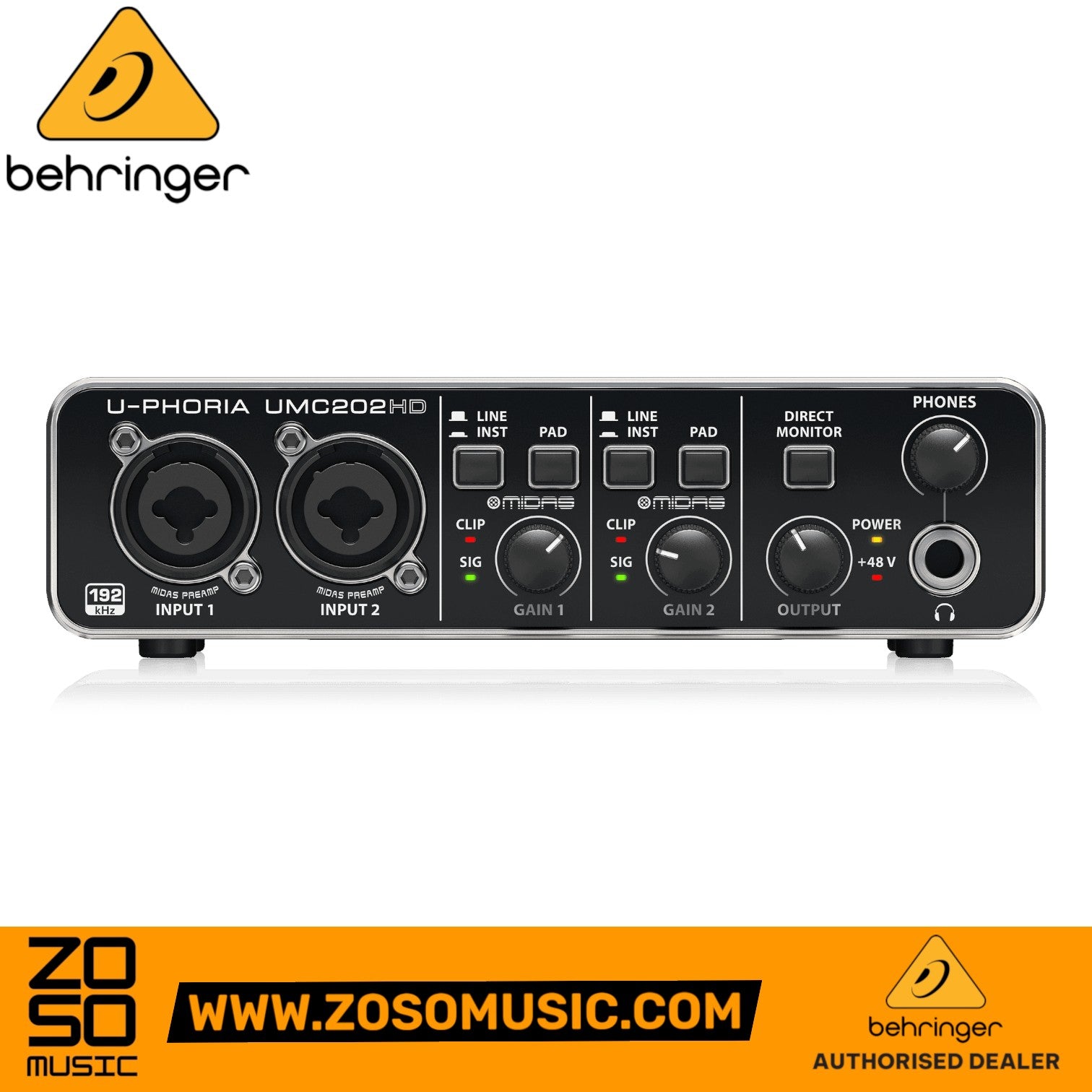 Zoso Music Behringer U-Phoria UMC-202HD USB audio interface with two Midas mic preamps and metal chassis