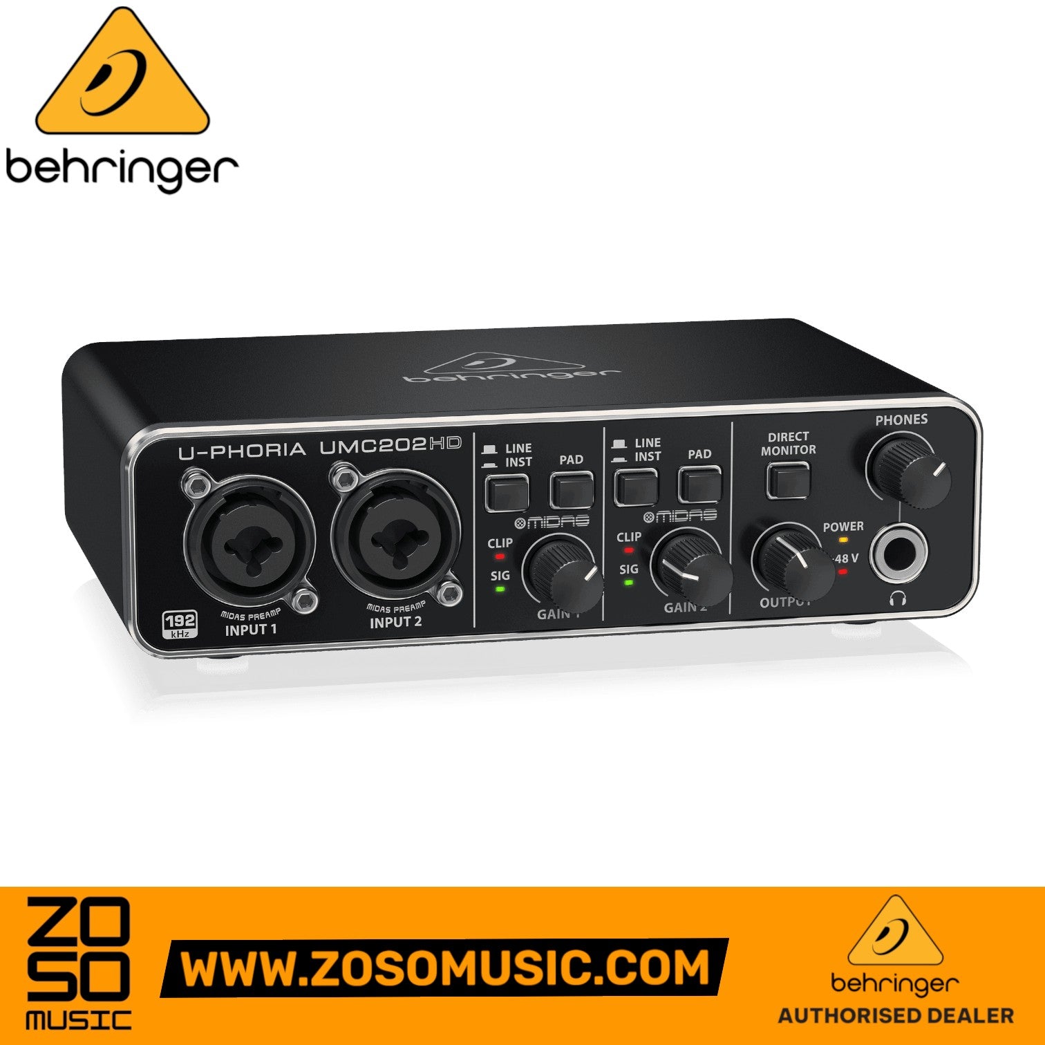Zoso Music Behringer U-Phoria UMC-202HD audio interface with two Midas mic preamps and metal chassis