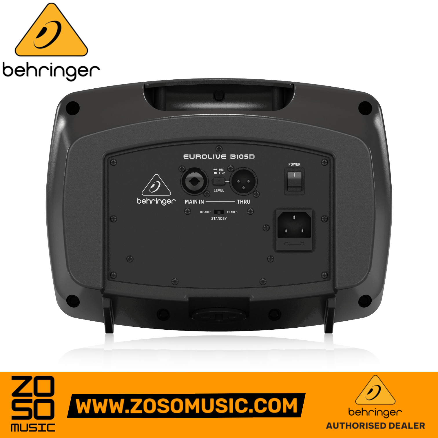 Zoso Music Behringer B105D powered monitor speaker rear panel showing input, output, and power connectivity ports.