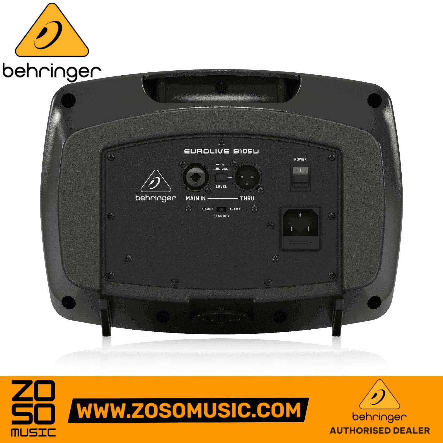 Zoso Music Behringer B105D compact PA monitor speaker rear panel showing input and power controls